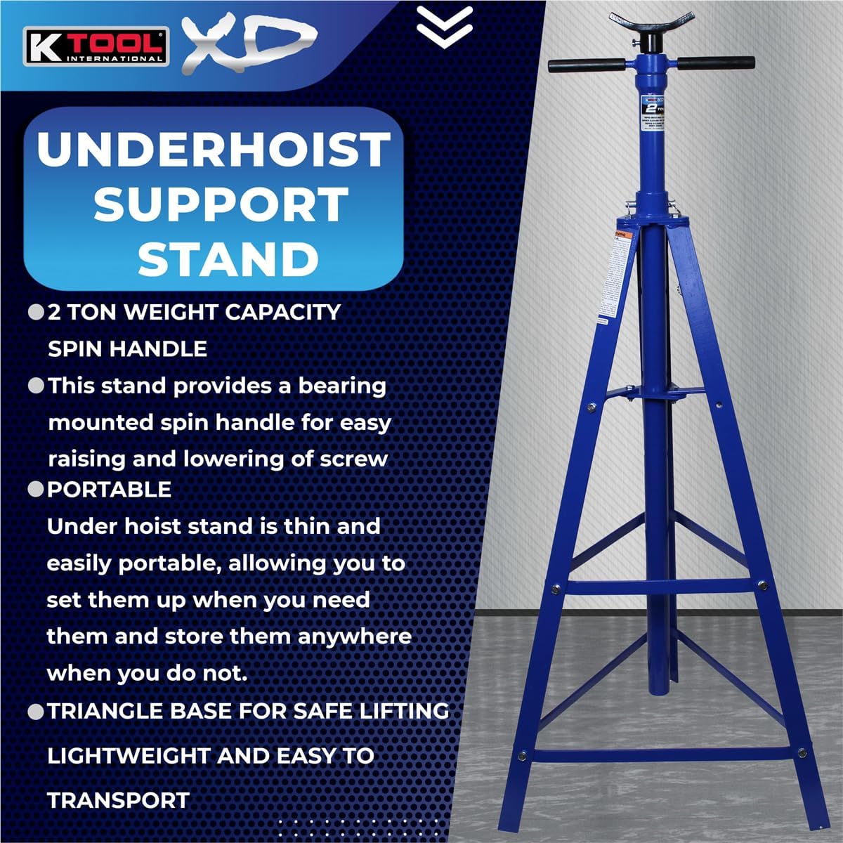 K Tool International XD61002 2 Ton Automotive Under Hoist Tripod Stand for Garages, Repair Shops, and DIY, 4,000lb. Capacity, Support Range 49"-79.75", Heavy Duty Steel, 24" Base, 3.25" Saddle, Blue