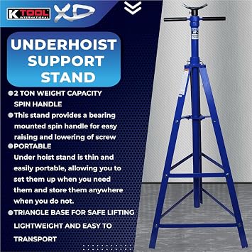 K Tool International XD61002 2 Ton Automotive Under Hoist Tripod Stand for Garages, Repair Shops, and DIY, 4,000lb. Capacity, Support Range 49-79.75, Heavy Duty Steel, 24 Base, 3.25 Saddle, Blue