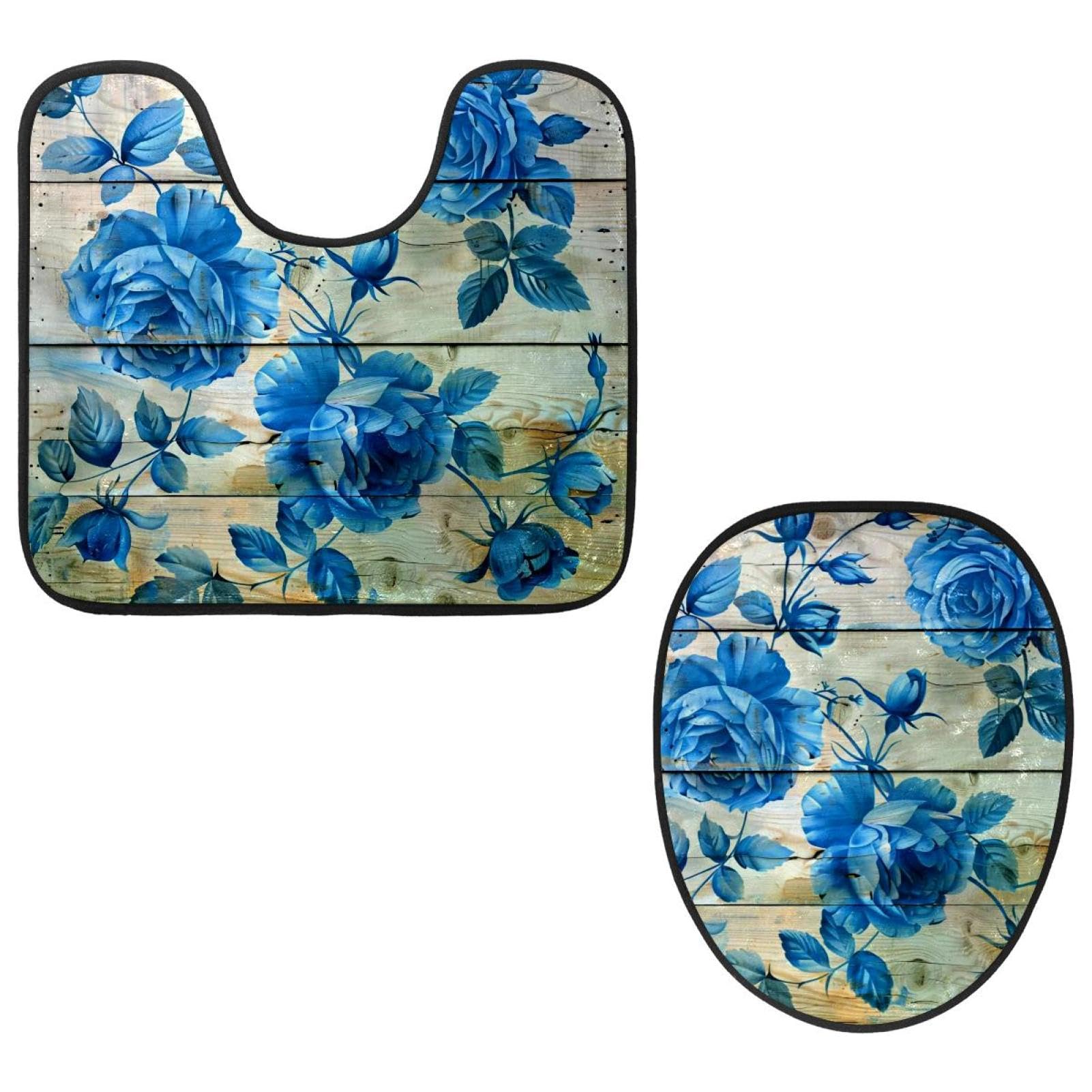 MUOOUM Toilet Lid Cover and U-Shaped Toilet Floor Mat Set of 2 Pieces, Blue Rose Rustic Wood Pattern Toilet Mat Set, Machine Washable Seat Covers Non-Slip Absorbent Rugs