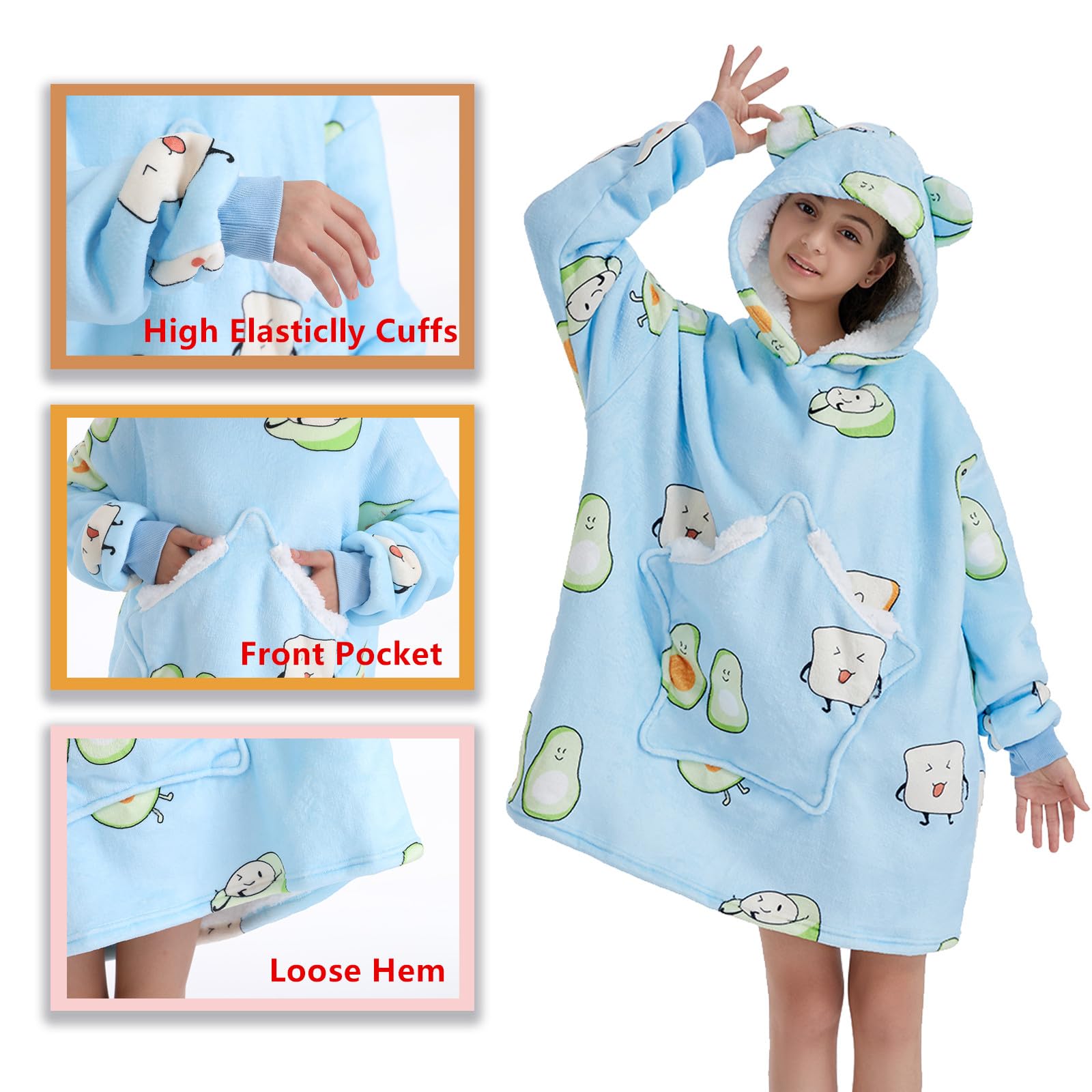 Couverture à Capuche Surdimensionné pour Enfants,Couverture à capuche pour filles,Super Douce Sweat-Shirt Couverture Portable pour Enfants et Adolescents,Taille Unique