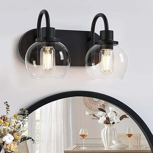 Moderna lámpara de tocador de 2 luces, accesorio de iluminación de baño sobre espejo con pantalla de vidrio transparente y base de metal, negro mate