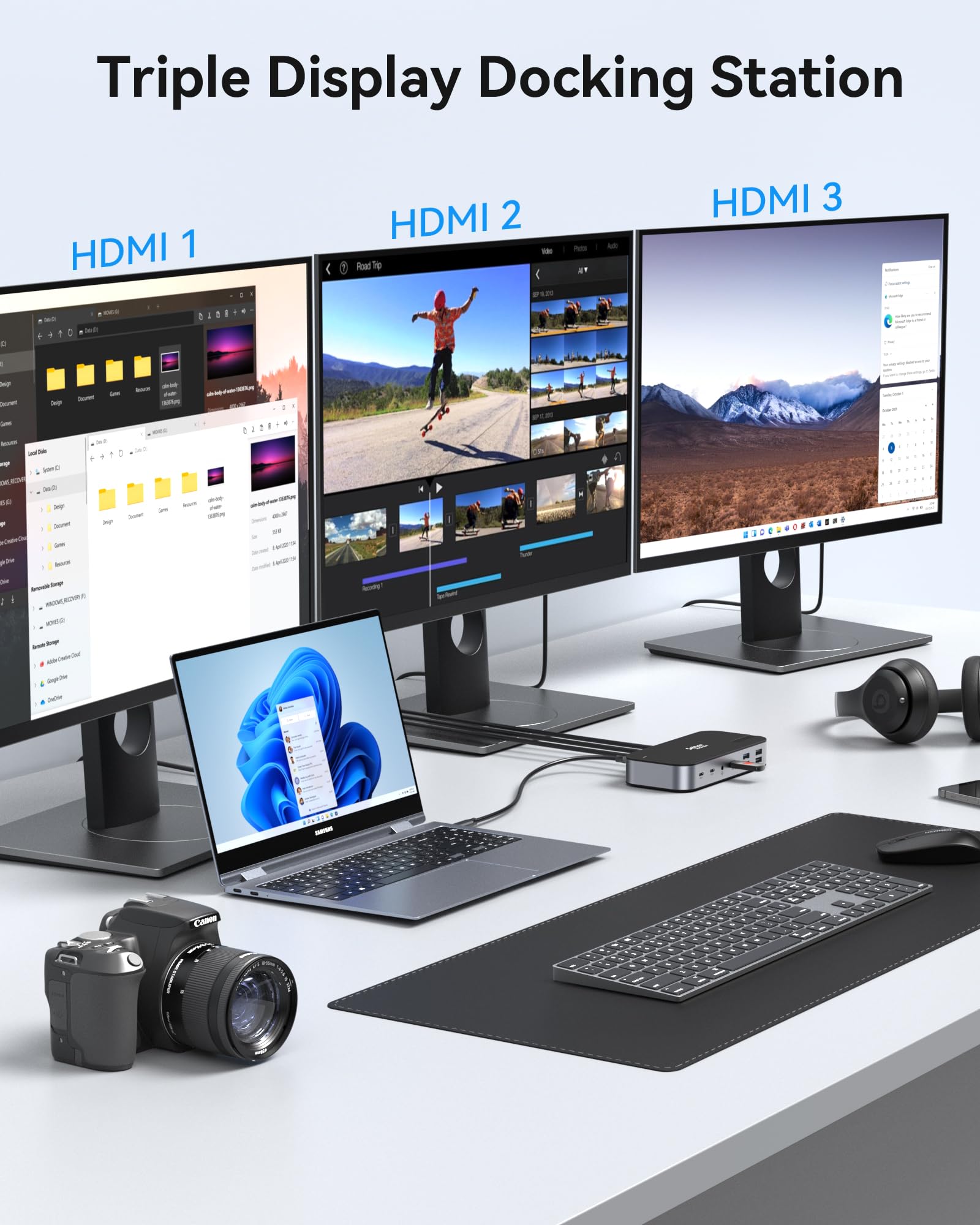 Selore Station d'accueil USB C 3 HDMI, 3 HDMI double moniteur, station d'accueil 16 en 1 pour ordinateur portable, 3 moniteurs avec 3 HDMI, USB A/C 3.1 100 W, PD, SD/TF, Ethernet, concentrateur USB C,