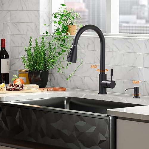 Miniatura 8 de WOWOW Grifo de cocina negro con dispensador de jabón, grifo de fregadero de cocina de acero inoxidable, grifo de cocina negro mate de una sola