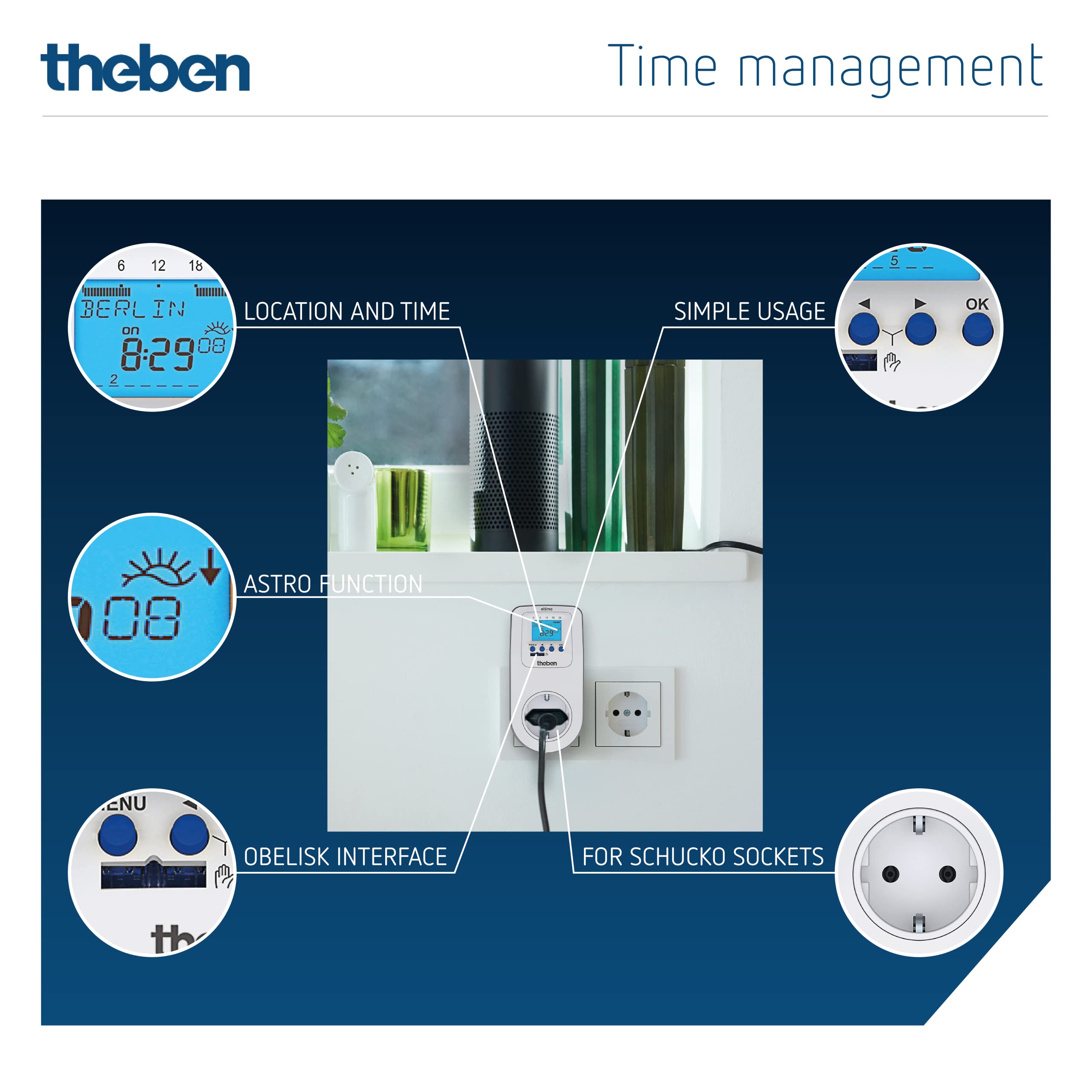Theben 0200170 eltimo 020 Astro top3 Steckdosen Zeitschaltuhr digital | 1-Kanal, Wochenprogramm, Astroprogramm, 56 Speicherplätze, 6 Jahre Gangreserve, 300 W LED, Schuko, App möglich