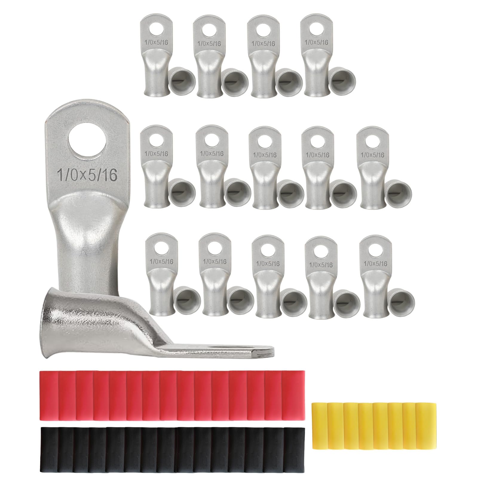 Lot de 30 cosses de connecteur en cuivre étamé de calibre 0 1/0 AWG 5/16" (M8) avec 38 tubes thermorétractables 3:1 noir, rouge et jaune pour câblage électrique à faire soi-même