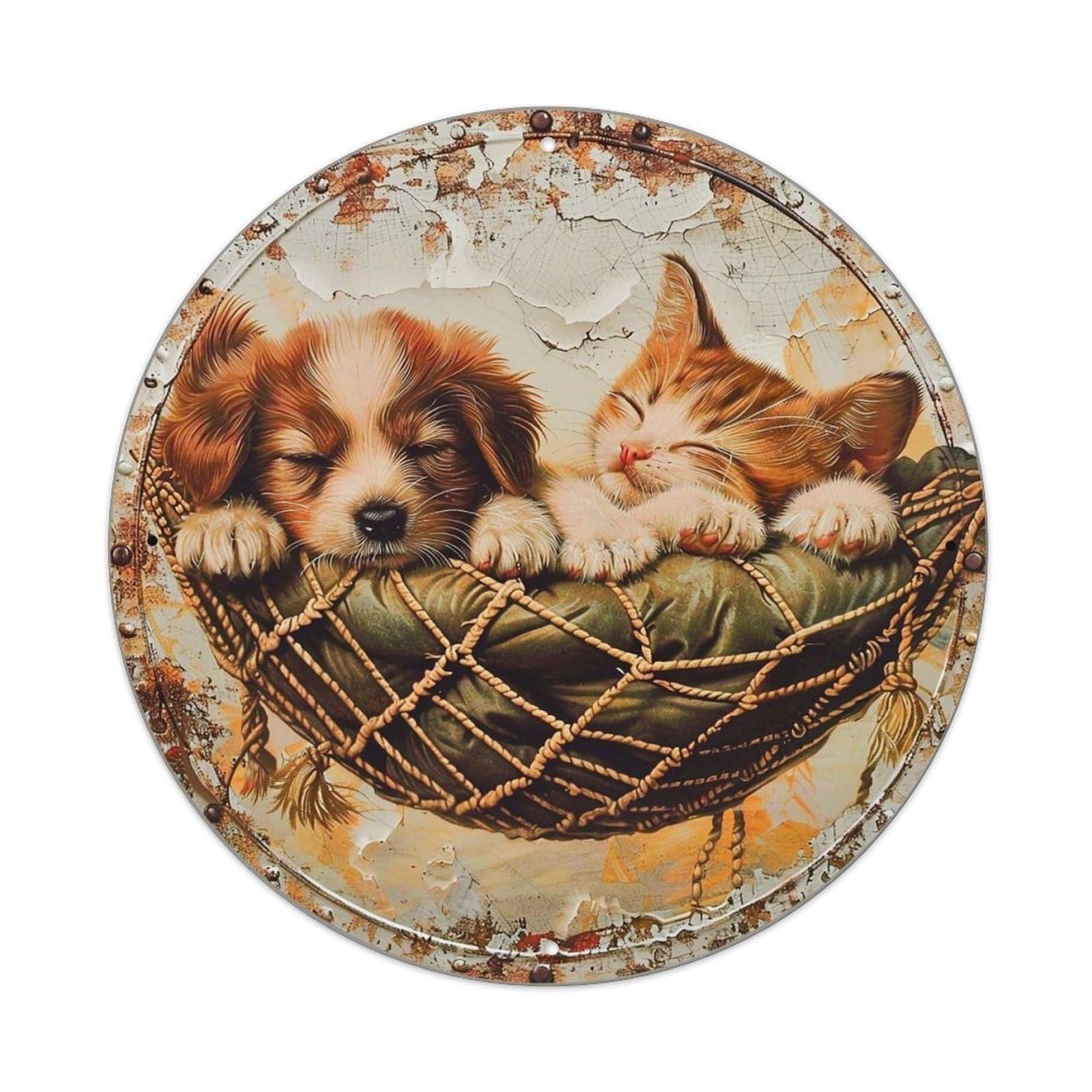 Sleeping Puppy And Kitten Together Vintage Metal Tin Sign Retro Wall Decor for Home Bar Garage Cafe, Indoor & Outdoor Decorative，circle Metal Poster, 8x8 Inch