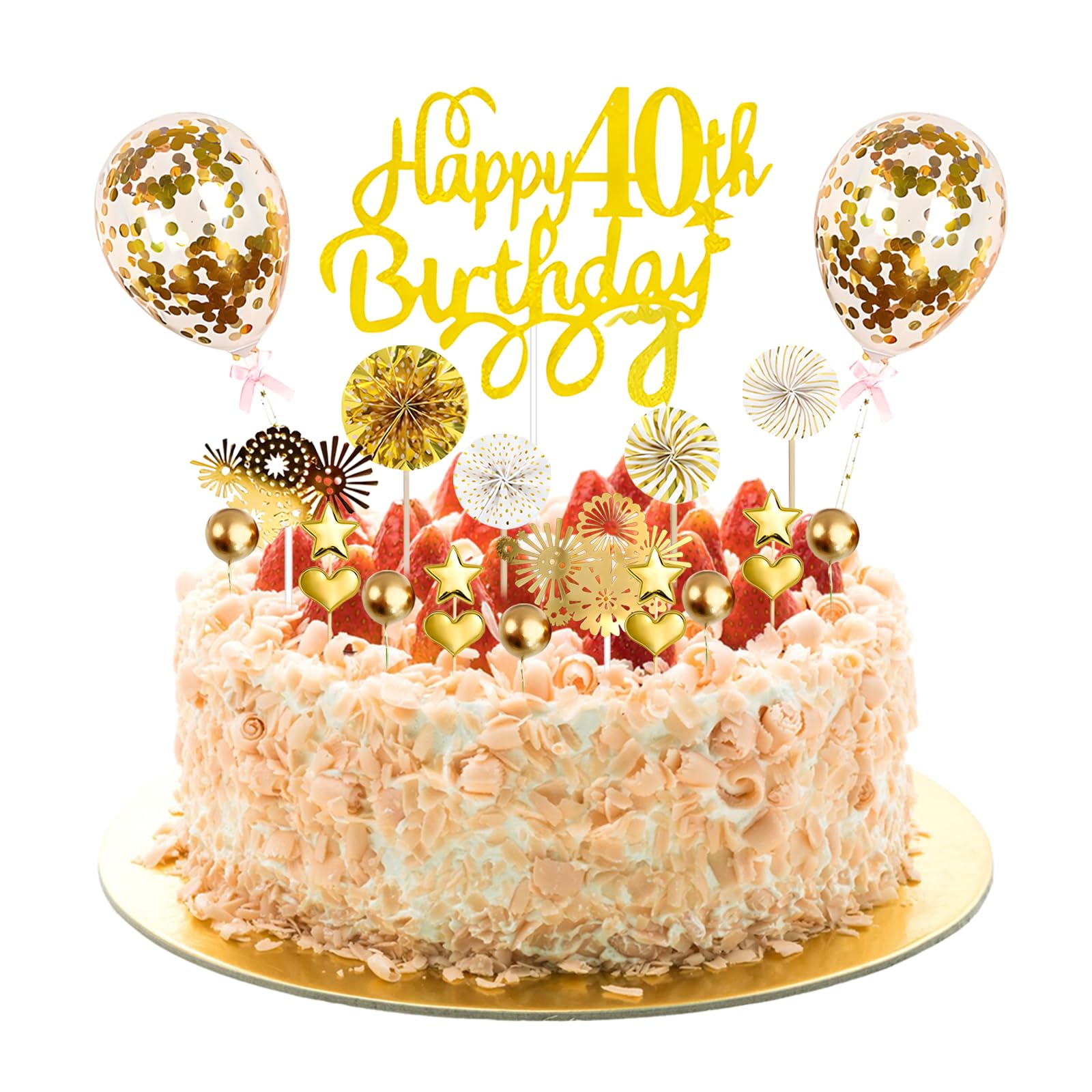 19 Stück Gold Kuchendeko für 40. Geburtstag - Lebensmittelecht & Wiederverwendbar - Mit Ballons, Sternen, Herzen, Fächern & Konfetti - Einfache Montage für Torten, Cupcakes & Desserts