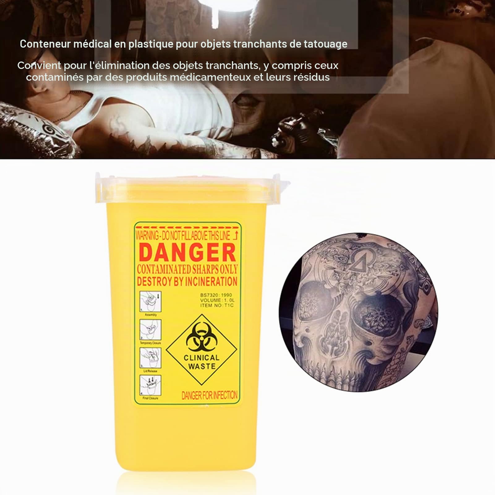 Jadeshay Conteneur d'Aiguilles, Conteneur d'aiguilles de Tatouage, Pointue Pour Conteneur D'Aiguilles en Plastique de 1 L pour Boîte de Tatouage, Boîte d'équipement(Jaune)