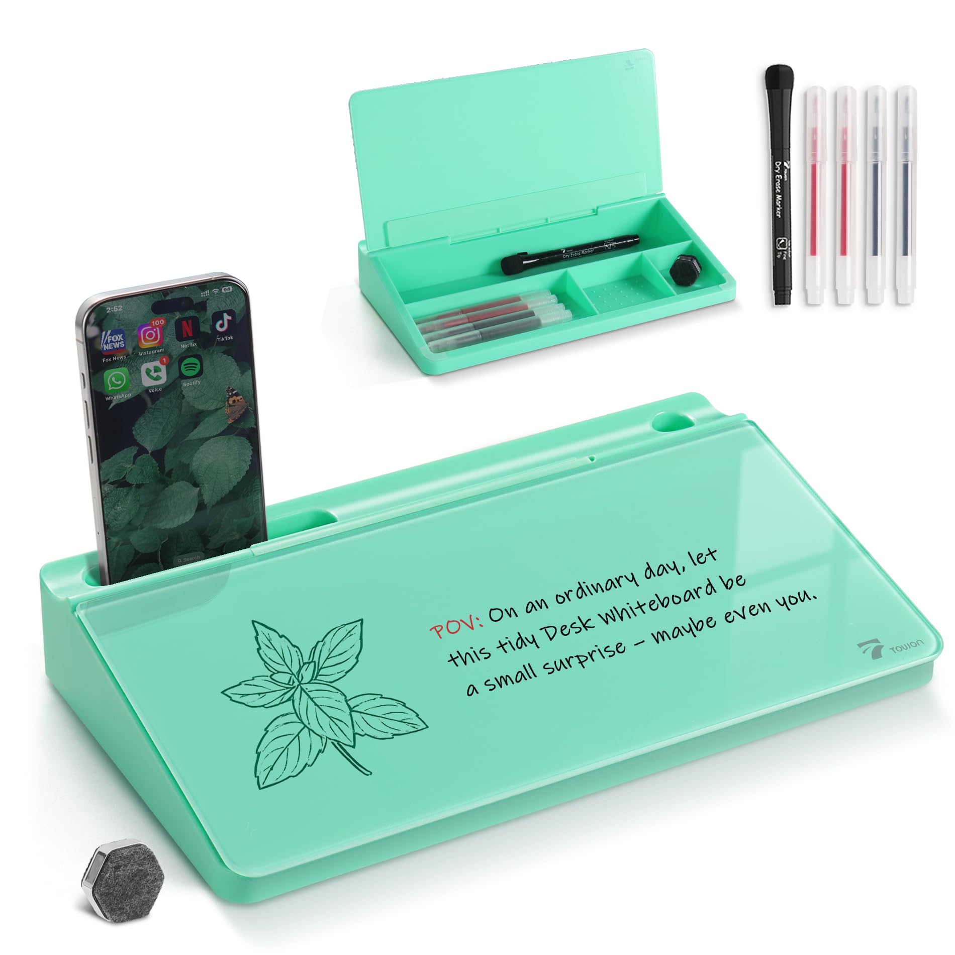 TOWON Small Compact Glass Desktop Whiteboard with Storage – 12 x 7 in Dry Erase Board for Desk, Home Office, School | Includes 5 Markers, Eraser &
