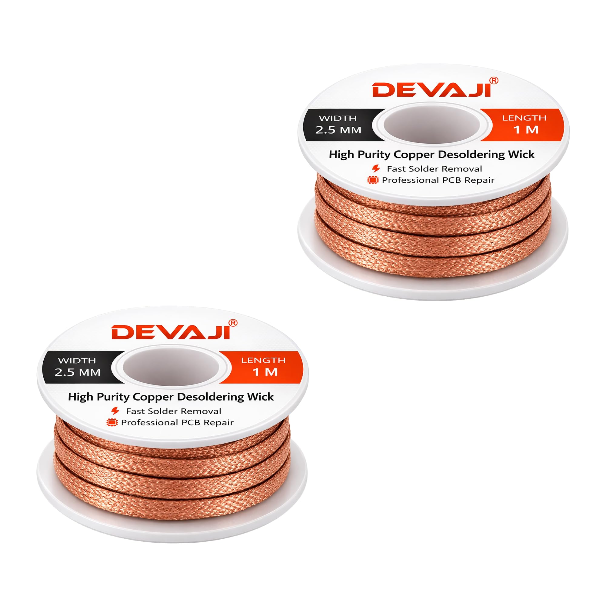 DEVAJI® 207 Desoldering Wick 2.5 mm 1 Meter High Purity Copper Solder Wick High Absorption Fast Solder Removal for PCB Repair Professional Grade (Pack of 2)