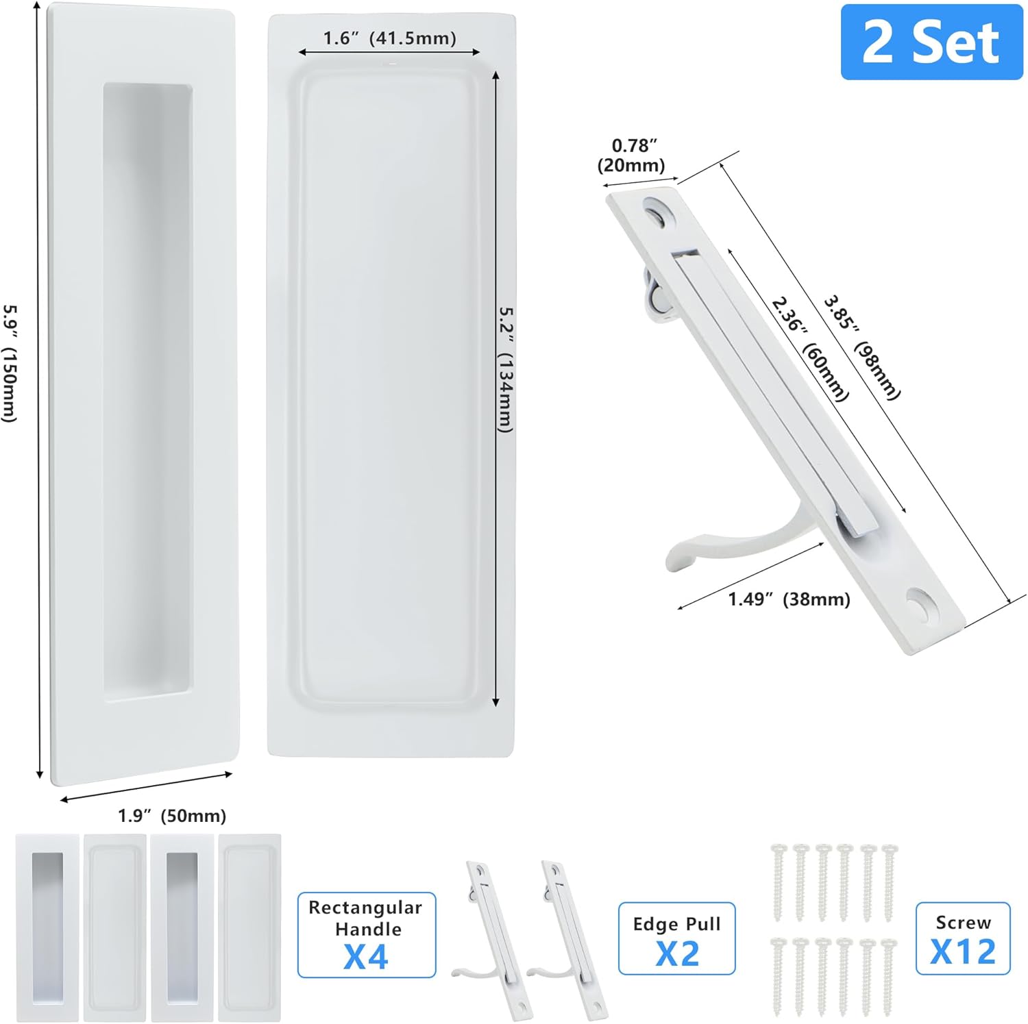 Dontay 2 Set Pocket Door Pull Handle, 304 Stainless Steel, Rectangle Recessed Flush Finger Pulls & Edge Spring Pull, No Lock,Hardware Set for More Than 1-1/8” Thickness Sliding Door(2 Set,White,6'')
