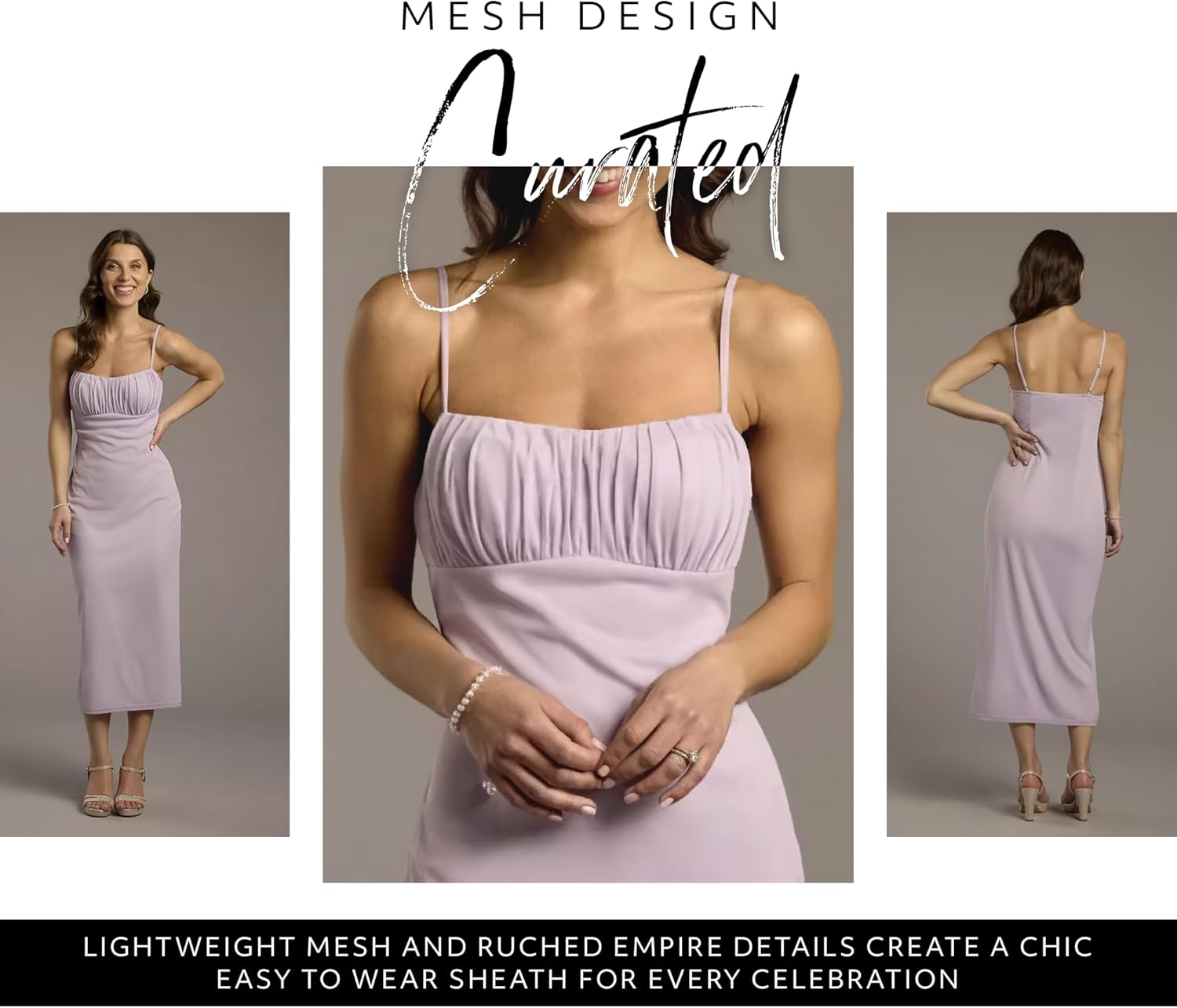 David's Bridal Studio Ruched Empire Mesh Sheath Midi Dress in Iris, Elegant Cocktail Dress for Weddings and Formal Events - Image 4