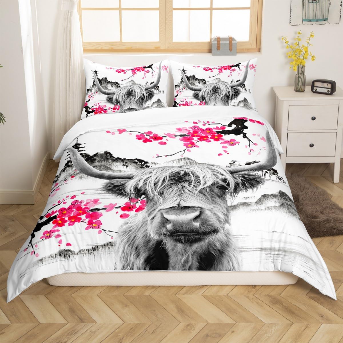 Loussiesd Highland Cow Comforter Cover Cute Red Floral Cattle Bedding Set Kids Girls Women Men Cherry Blossom Duvet Cover Western Bull Cow Print Bedspread Exotic Wild West Animal Single - Image 2