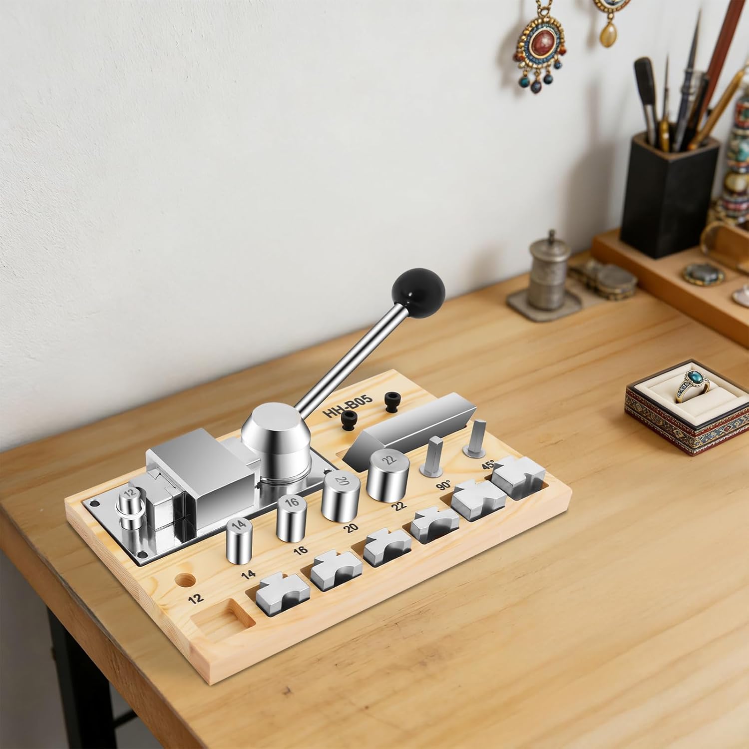 Ring Bending Tool, Professional Heavy Duty Spoon Ring Maker Kit with Steel Dies (12-22mm, 45°/90°), Manual Hand Crank Bracelet Press Bending Machine for Jewelry Making, Gold, Silver, Copper Metals