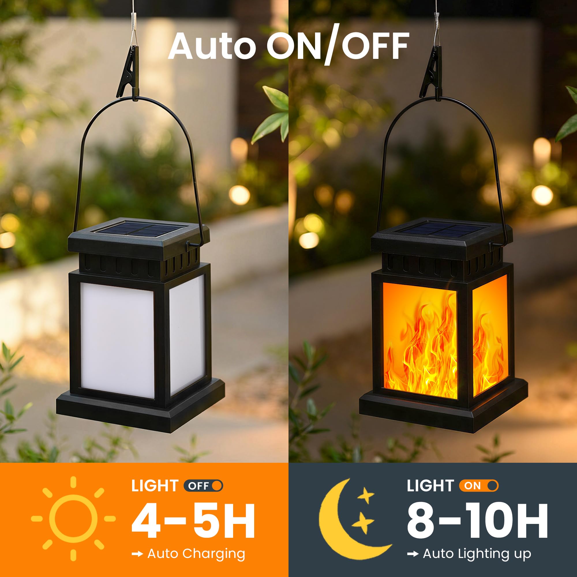 GIGALUMI Lot de 4 lampes solaires à suspendre pour l'extérieur, Effet de flamme, Étanche IP44, Décoration de jardin pour l'extérieur, Résistant aux intempéries, Lampes solaires pour patio - 4