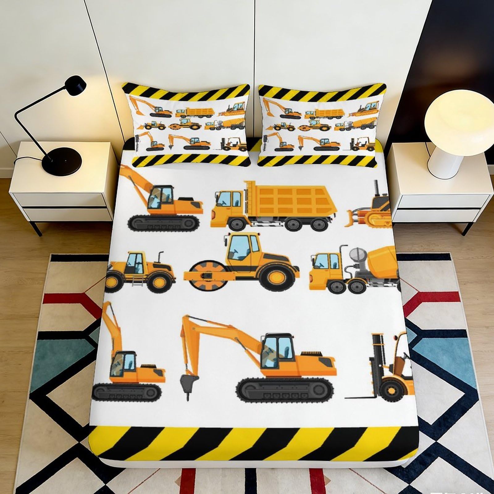 3D Printed Construction Vehicles Fitted Sheet Microfiber Soft Anti-Slip Bed Cover for Bedroom Dorm Mattress Protector 160x200x25cm