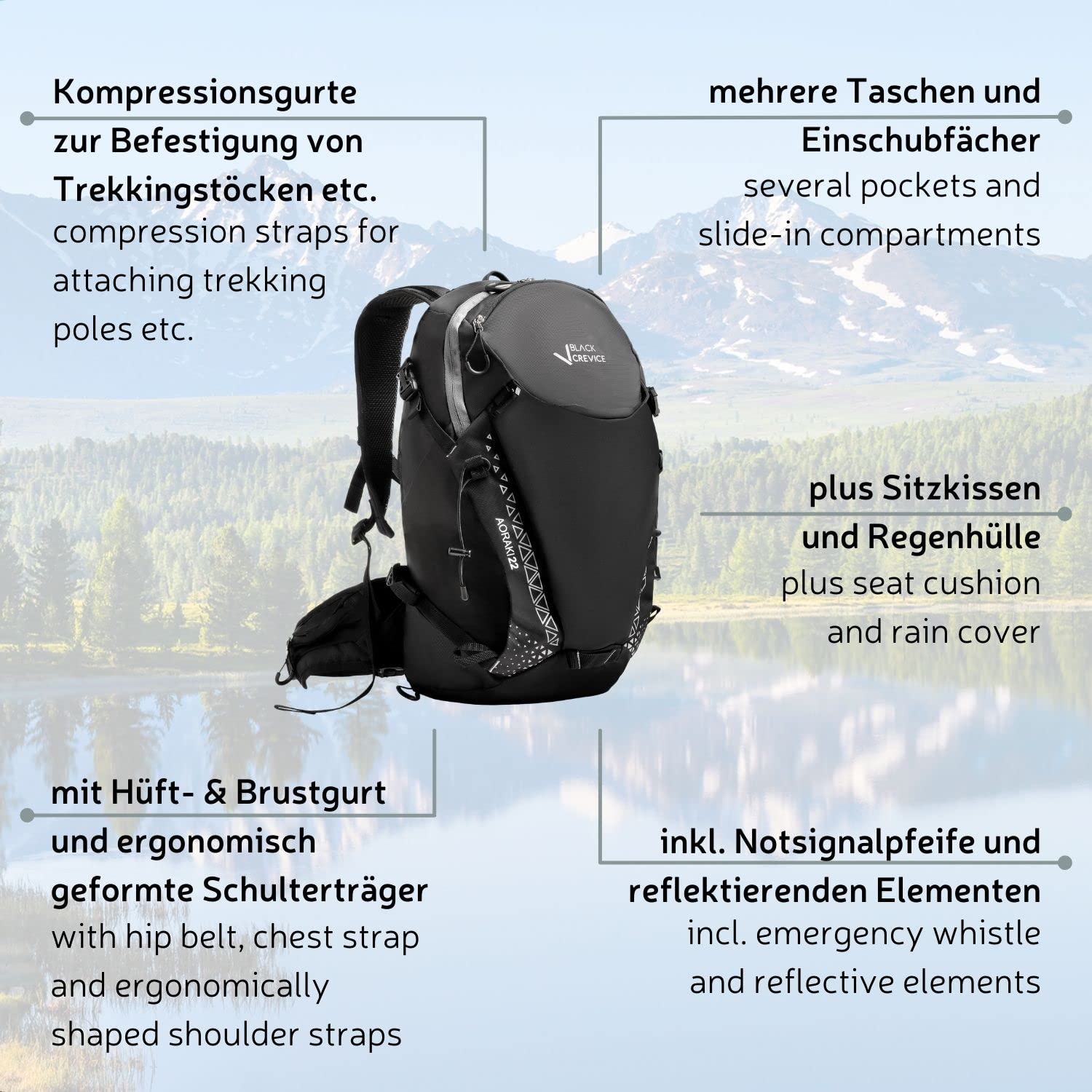 Black Crevice Wander & Bike Rucksack AORAKI 22 L I Hochwertiger Outdoor Rucksack mit Trinksystem & Regenhülle I Verstellbarer Skirucksack I Ergonomischer Backpacker Rucksack Damen & Herren