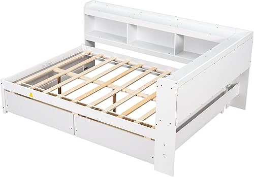 Miniatura 6 de Aiuyesuo Cama de plataforma de tamaño matrimonial con estantes de almacenamiento en forma de L y estanterías cama de día de madera de pino con 2
