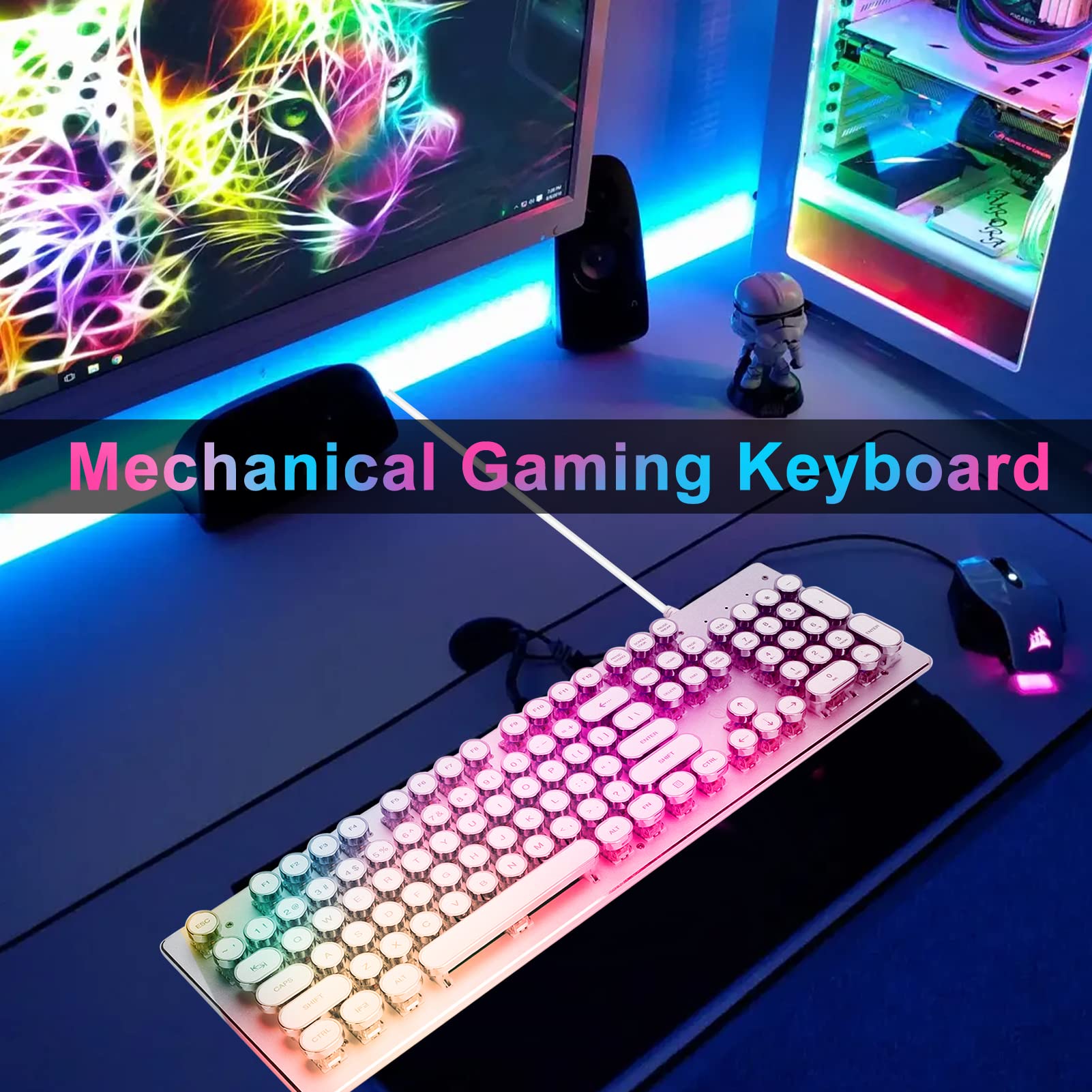 Przewodowa mechaniczna klawiatura do gier RGB, układ brytyjski, niebieski przełącznik Klasyczna mechaniczna klawiatura w stylu Punk Retro do komputera PC (biała, 104 klawisze)