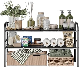 NETEL Extendable Under Sink Storage Kitchen Shelf, 2 Tier Under Sink Organiser with 8 Removable Metal Plates, Multipurpose Cabinet Organiser Metal Rack for Kitchen, Bathroom, Length 52-82cm, Black