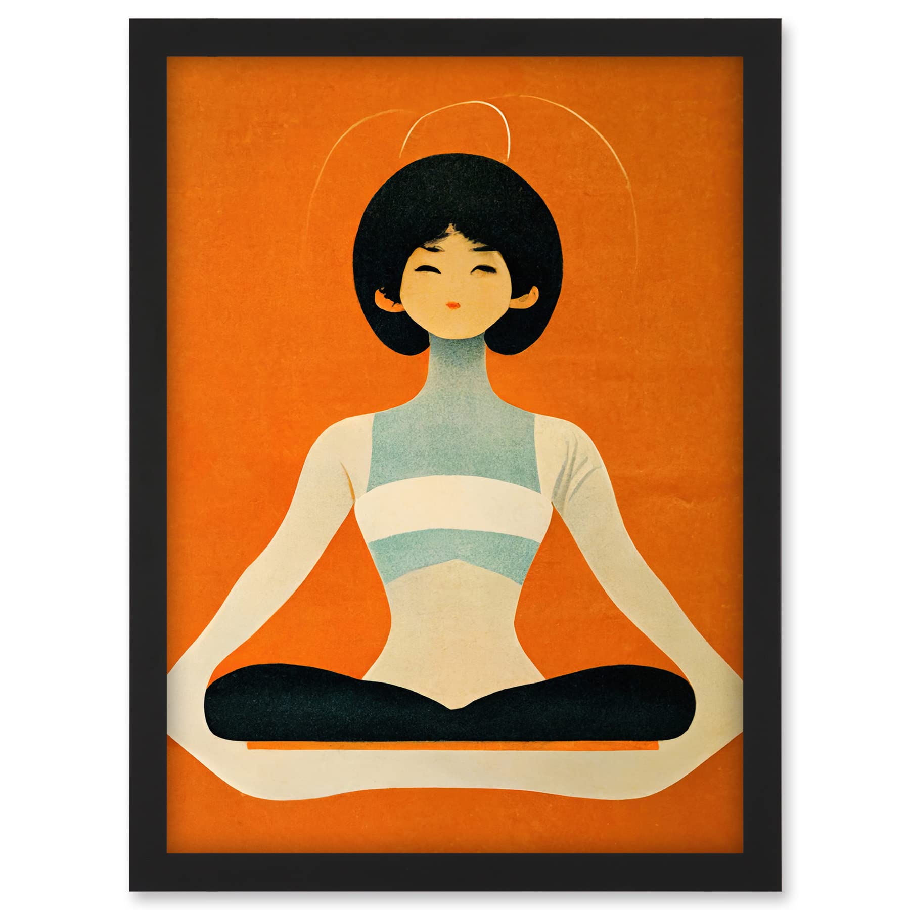 Doppelganger33 LTD Peaceful Japanese Woman In Yoga Pose Orange Black Quirky Artwork Framed A3 Wall Art Print