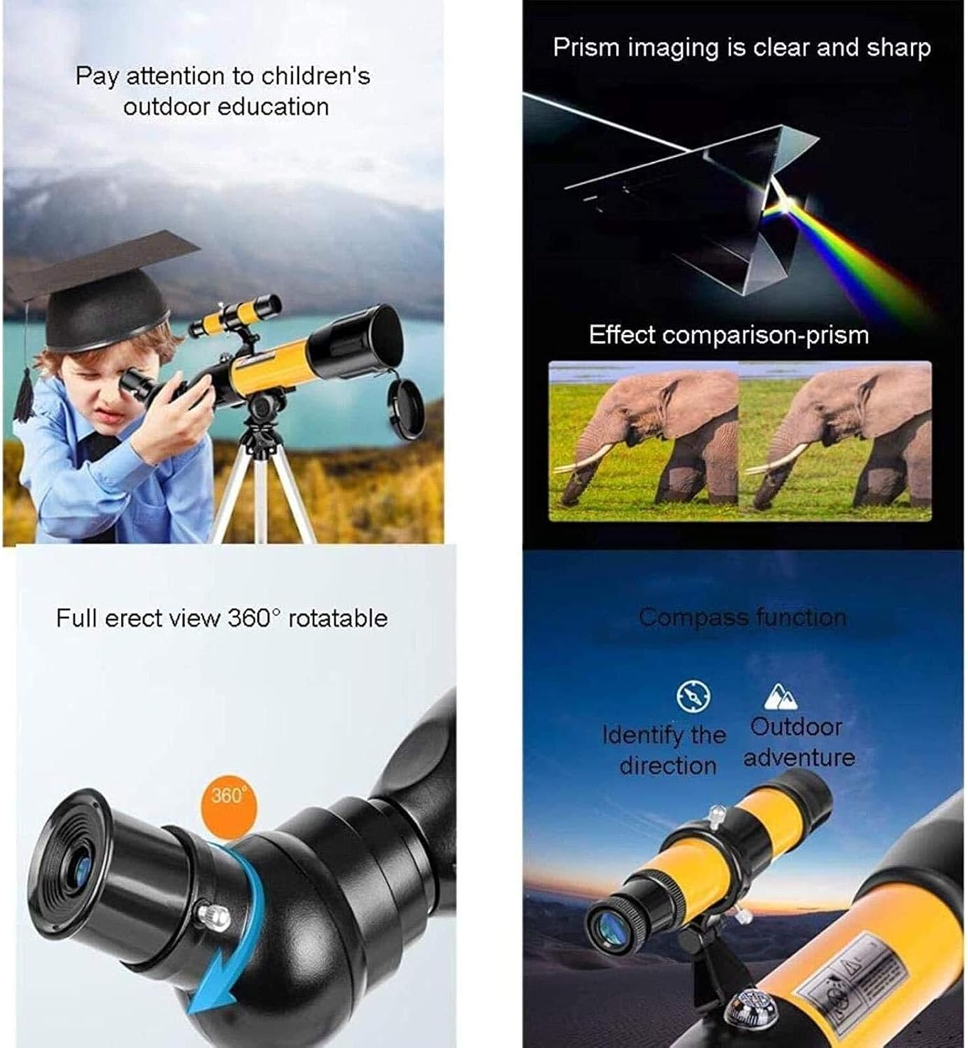 70mm Refractor Telescope for Kids & Beginners, 120x Magnification, Portable Astronomical Travel Telescope for Stargazing, Moon Watching, Bird Watching, with Compass and 2X Barlow Lens