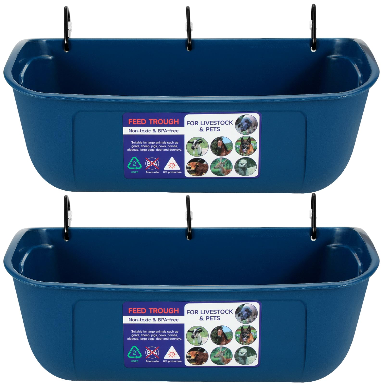 Goovilla Comedero Grande, comedero de Valla Colgante o atornillado con Clips, Paquete de 2 Suministros de alimentación de Cabras de 9 Cuartos de galón, para Perros, Caballos, Cerdos, Ganado, Aves de