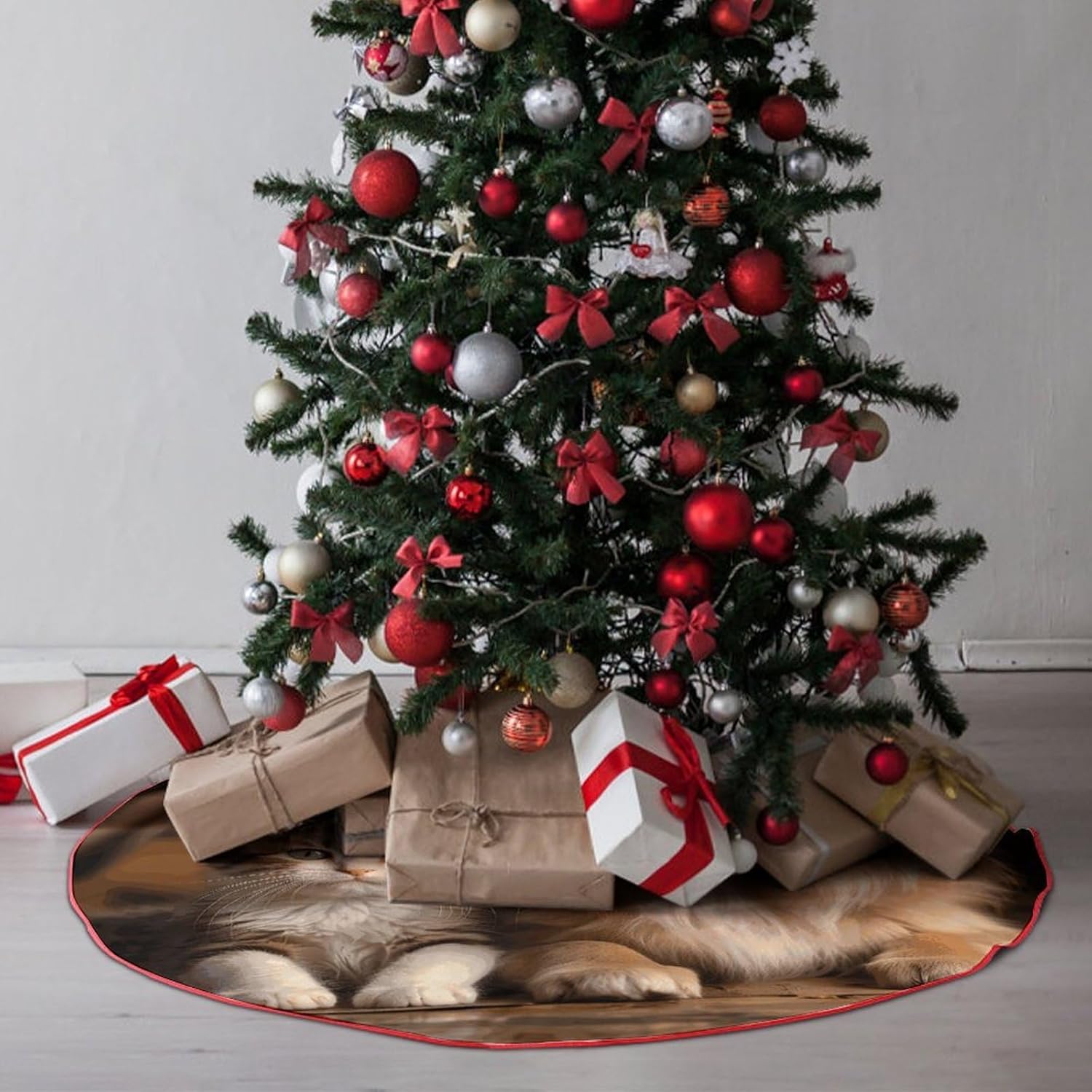 Christmas Tree Skirt,for Xmas Tree Holiday Party Decorations Dog and Cat Printed Christmas Tree Mat Red Lace-up Christmas Tree Dress