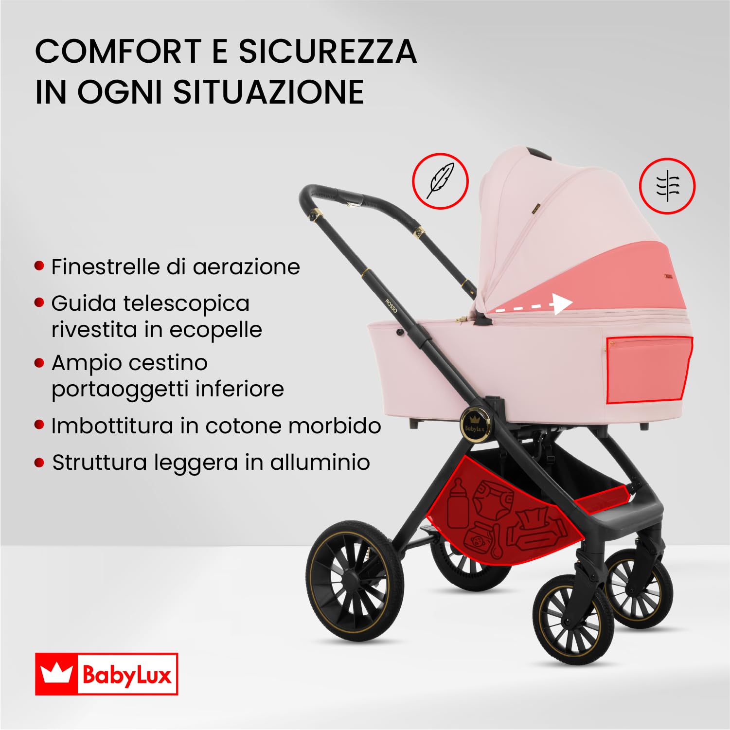 BabyLux® Passeggino 3in1 Rosso, Set Pieghevole di Passeggino Leggero Combinati con Navicella, Seggiolino per Sportivo, Marsupio I-Size, Borsa Fasciatoio e Altri Accessori, Protezione UV 50+