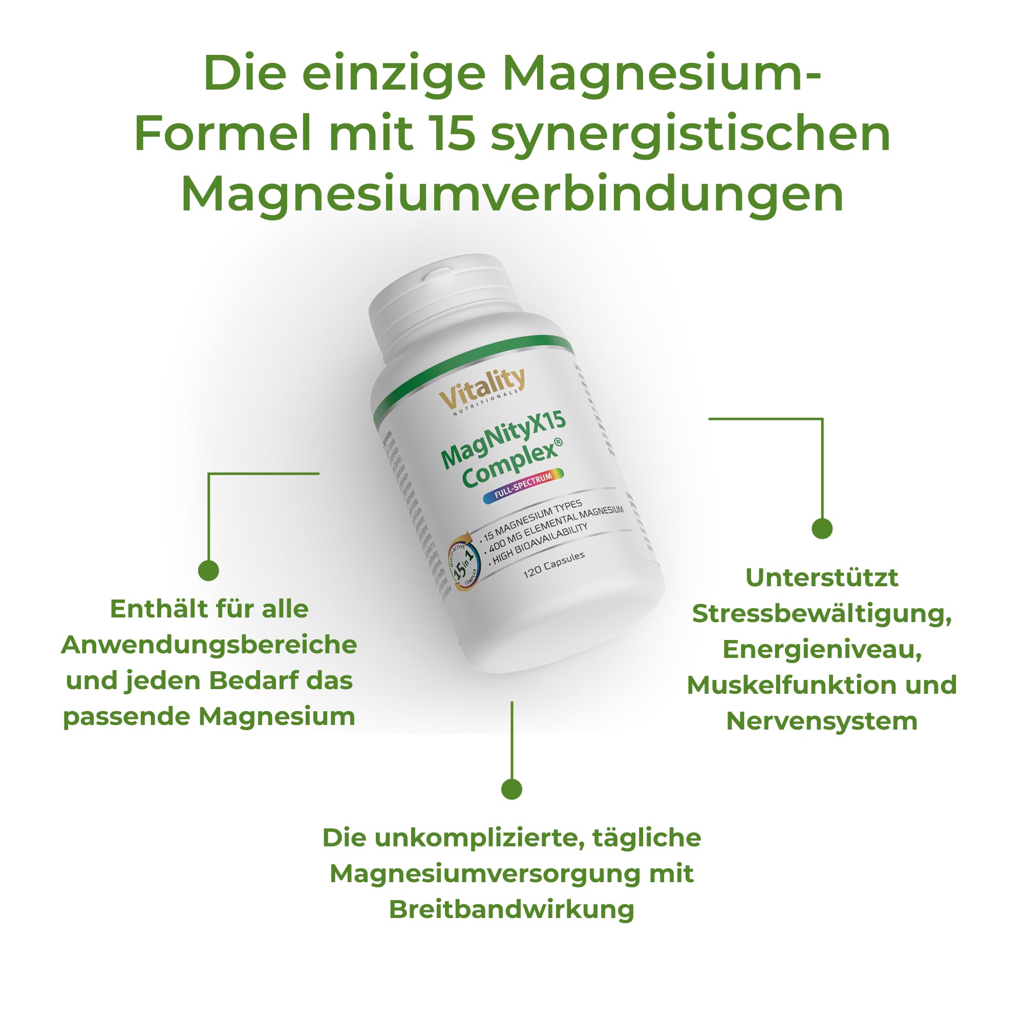 Magnesium Komplex MagNityX15 15 Magnesiumverbindungen inkl. Magnesium Bisglycinat Citrat & Malat 400 mg pro Tagesdosis 120 Kapseln Muskeln Knochen Nerven Vitality Nutritionals by Vitamin Express