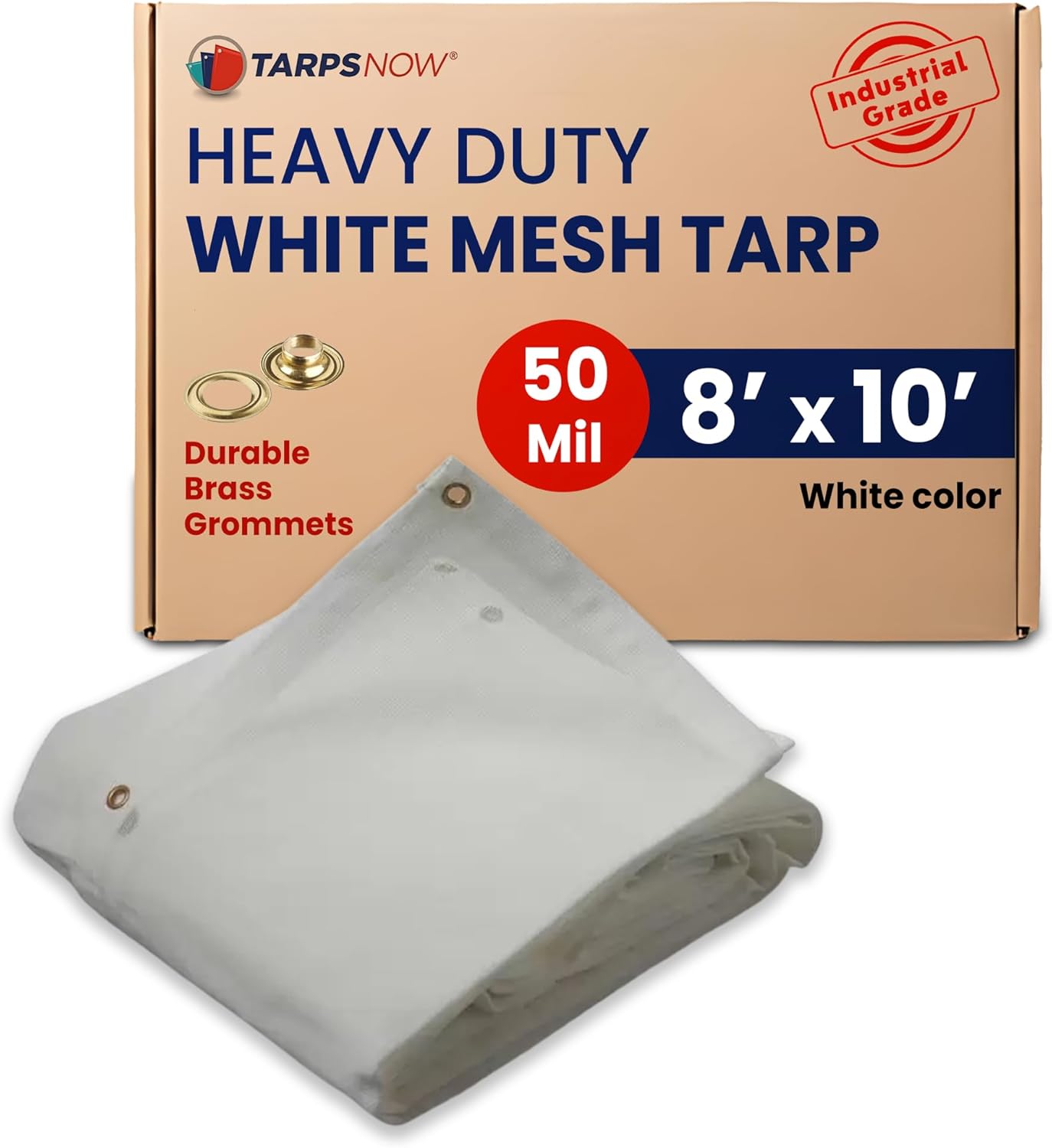 Tarps Now 8' x 10' White Heavy Duty Mesh Tarp with Brass Grommets - UV Resistant Reflective White 75% Sun Shade, Backyard, Patios, Breezeways, Gazebos, Kennels, Mesh for Flatbeds, Trucks or Trailers