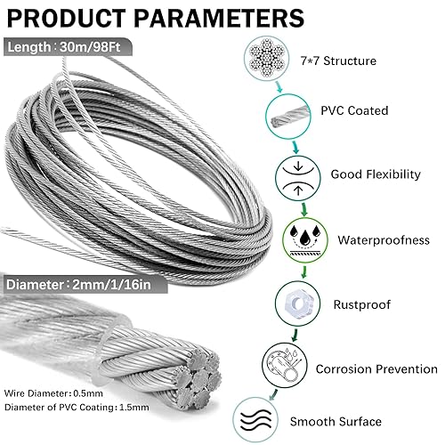 Miniatura 3 de Kit de cuerda de alambre de 116 pulgadas, cable de acero inoxidable de 98 pies, kit de tensor de alambre M5 con bolsa organizadora, alambre de cable