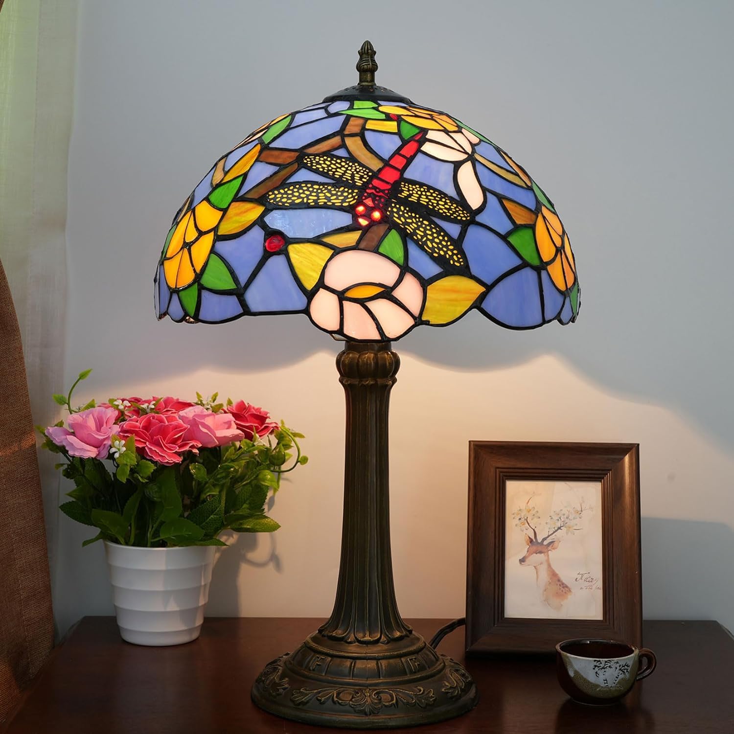 Lampa w stylu Tiffany'ego Witraż w stylu ważki Lampka nocna na biurko Lampka do czytania Wystrój Kochanka Dziewczyna Szafka nocna Sypialnia Salon Biuro w domu Komoda na biurko S12XH19 cali (g)