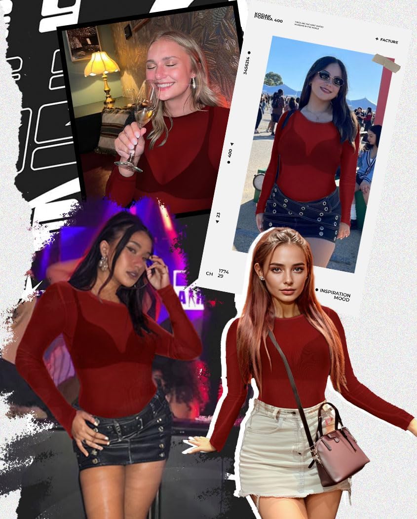 Women's Mesh Tops Sheer Long Sleeve Tee Shirts Bodycon See Through Blouse Clubwear - Image 6