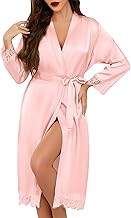 Lovasy Peignoir Satin Femme Mariage en Dentelle Robe de Chambre Soie Longue Kimono Bride Sexy Léger Col V avec Ceinture Vêtement de Nuit Demoiselle d'Honneur