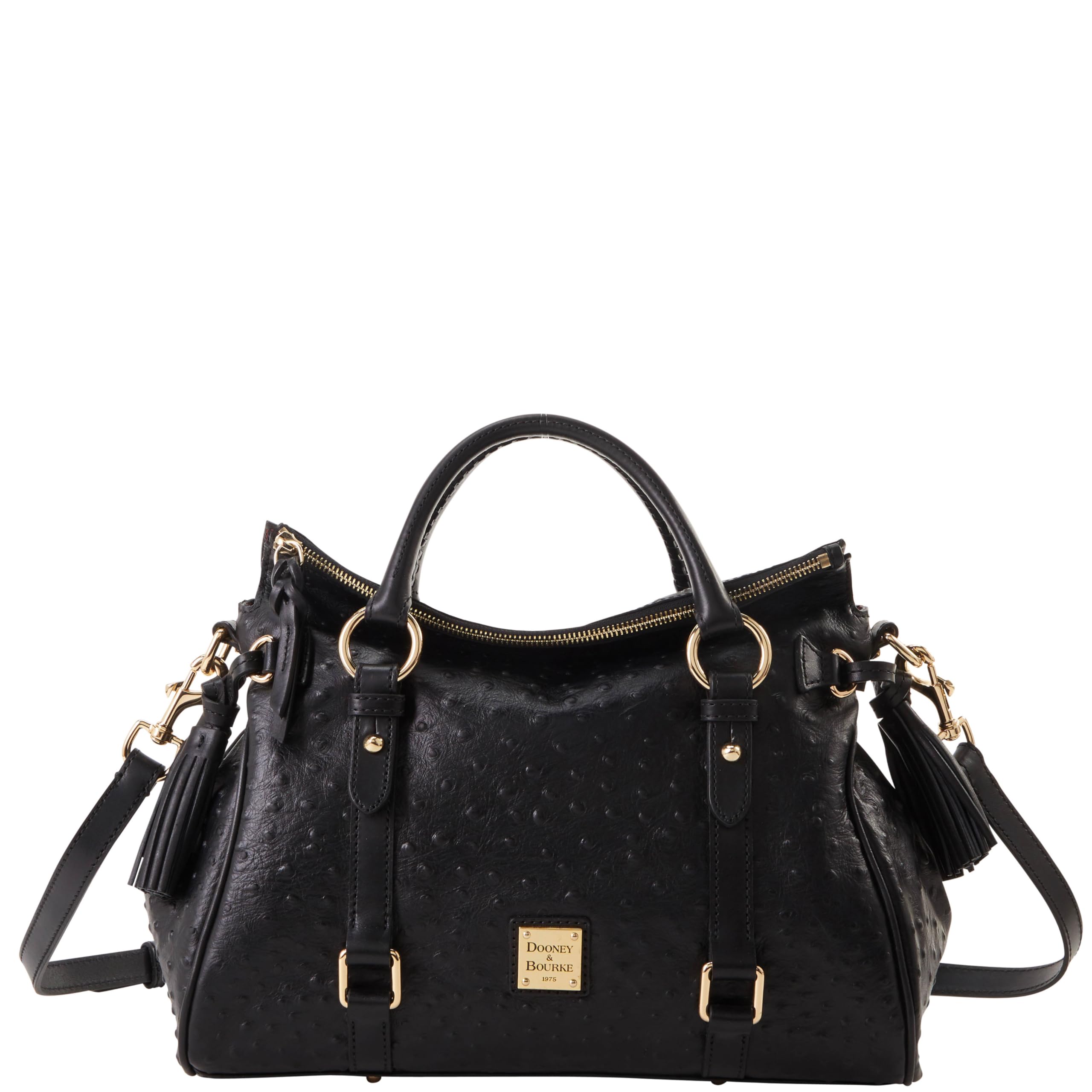 Dooney & Bourke Satchel Bags for Women, Large Ostrich Leather Satchel Handbag with Removable Crossbody Strap - Black