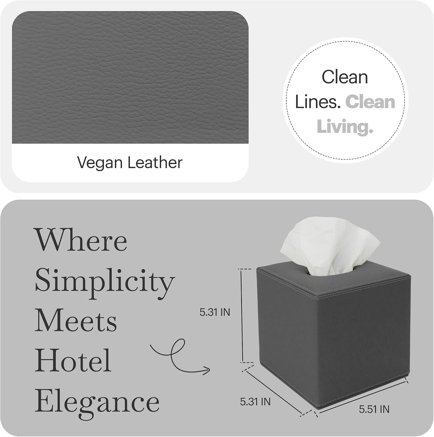 Rikan Vegan Leather Tissue Box Cover – Decorative Rectangular Tissue Holder, Modern Tissue Box for Bathroom, Bedroom, Living Room & Office Decor - Grey image 4