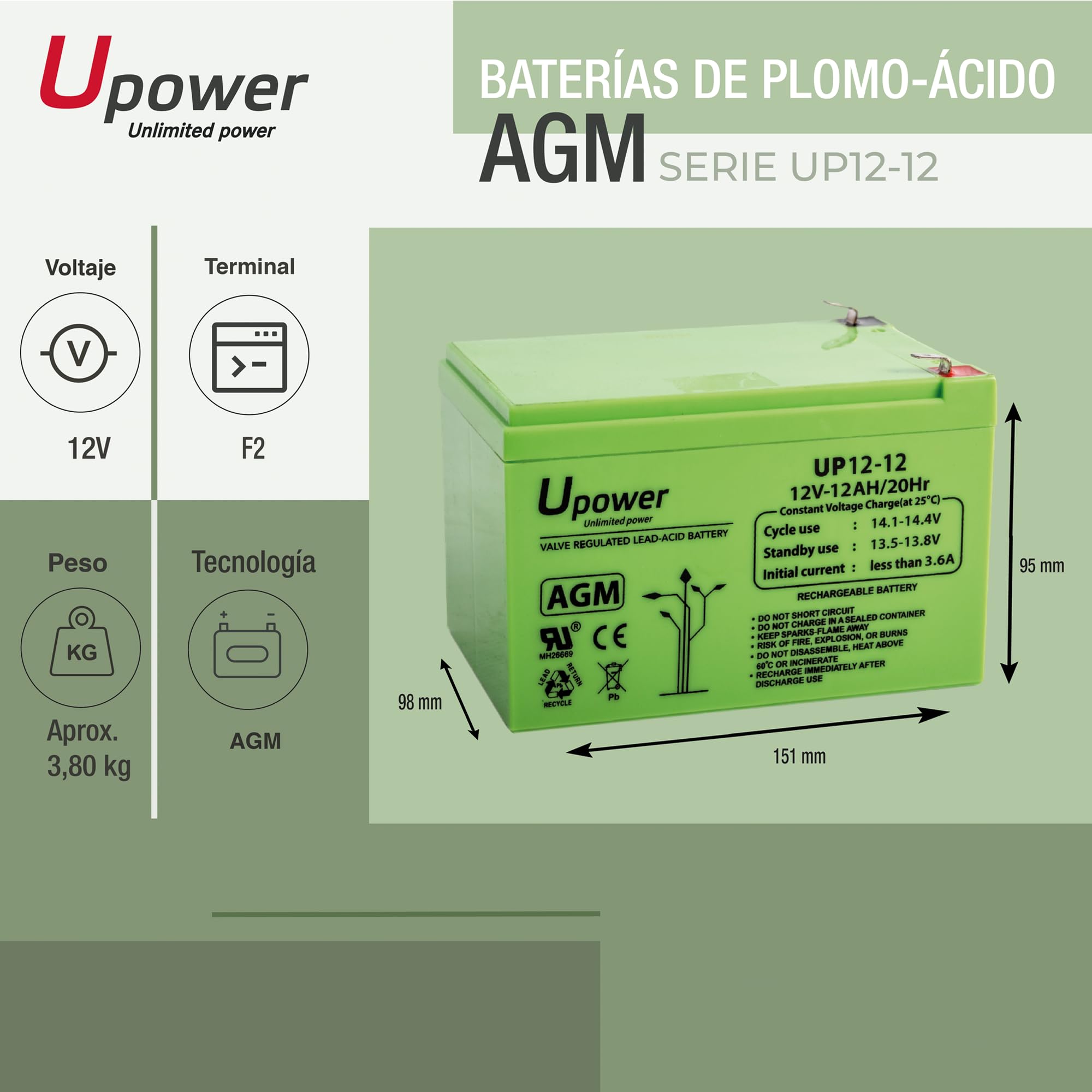U-Power Batería AGM 12V 12Ah Sellada Recargable Plomo-Ácido VRLA Terminal Faston F2 6.3mm