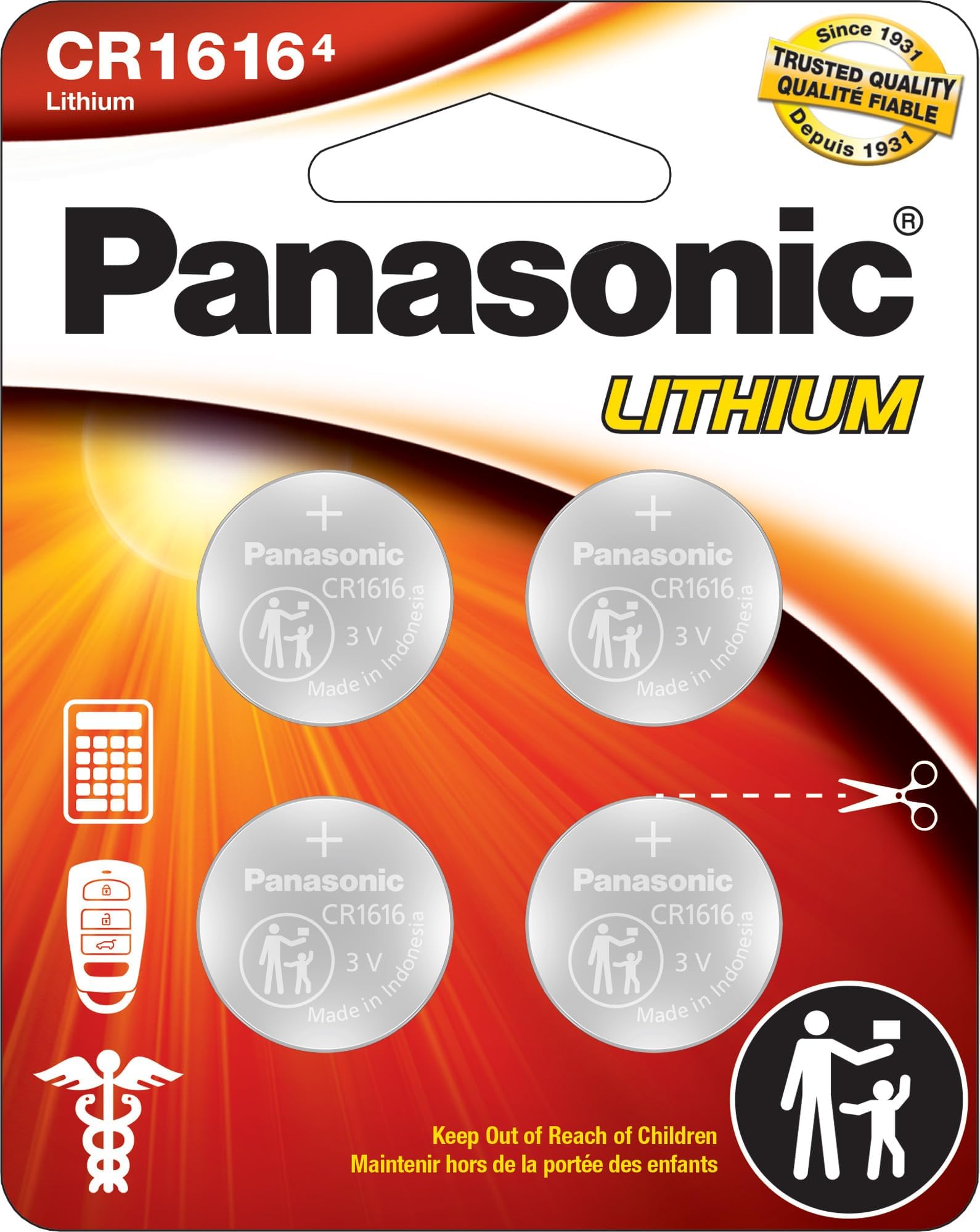 CR1616 3.0 Volt Long Lasting Lithium Coin Cell Batteries in Child Resistant, Standards Based Packaging, 4-Battery Pack