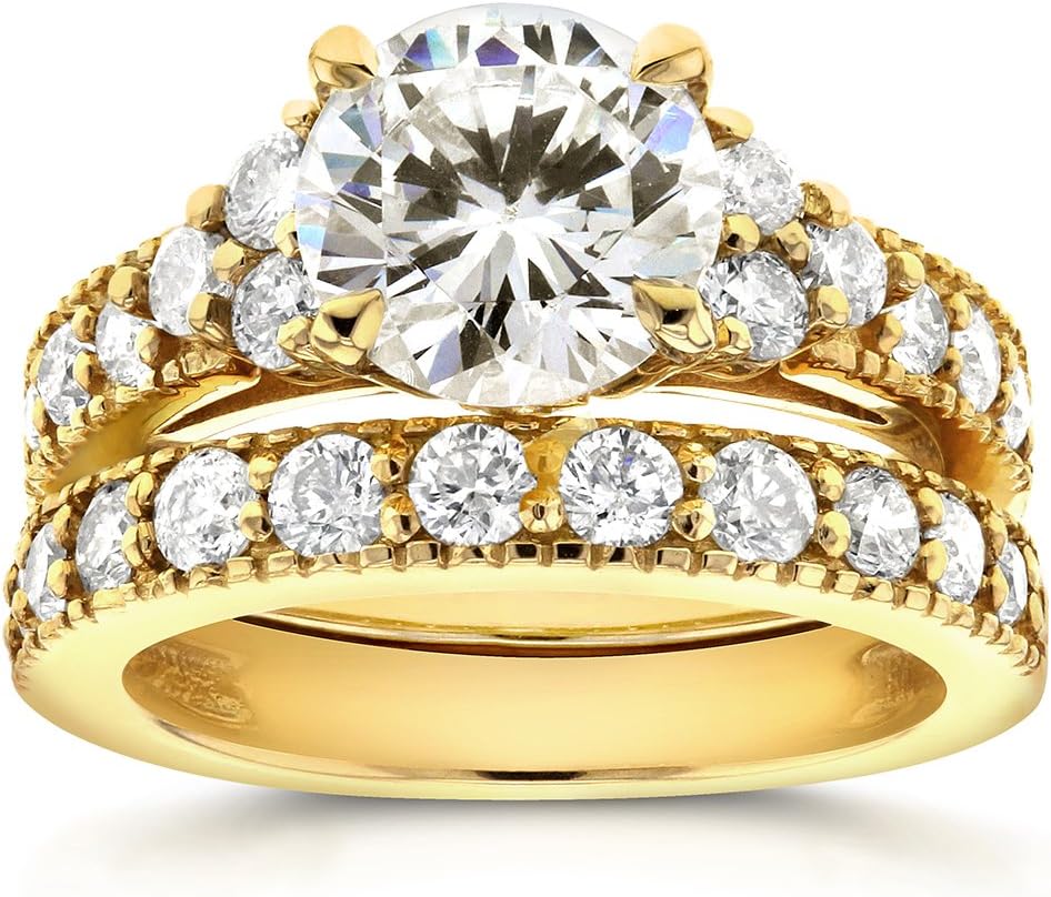 Kobelli Art Deco Moissanite Bridal Rings Set 3 CTW 14k Yellow Gold