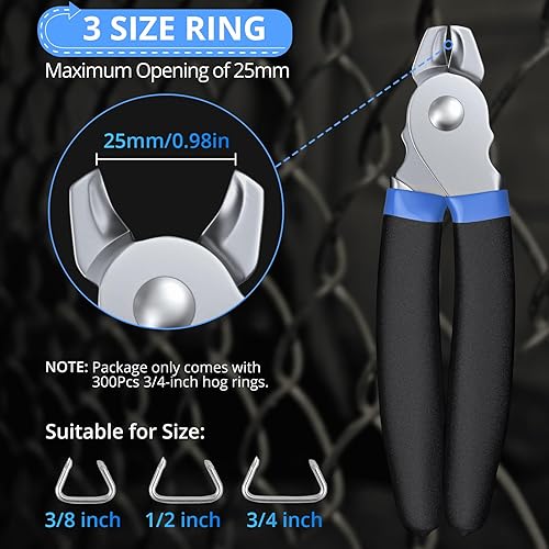 Miniatura 3 de CAMWAY Juego de alicates de anillo de cerdo y 300 anillos de cerdo de acero galvanizado de 34 pulgadas, herramienta profesional de instalación de