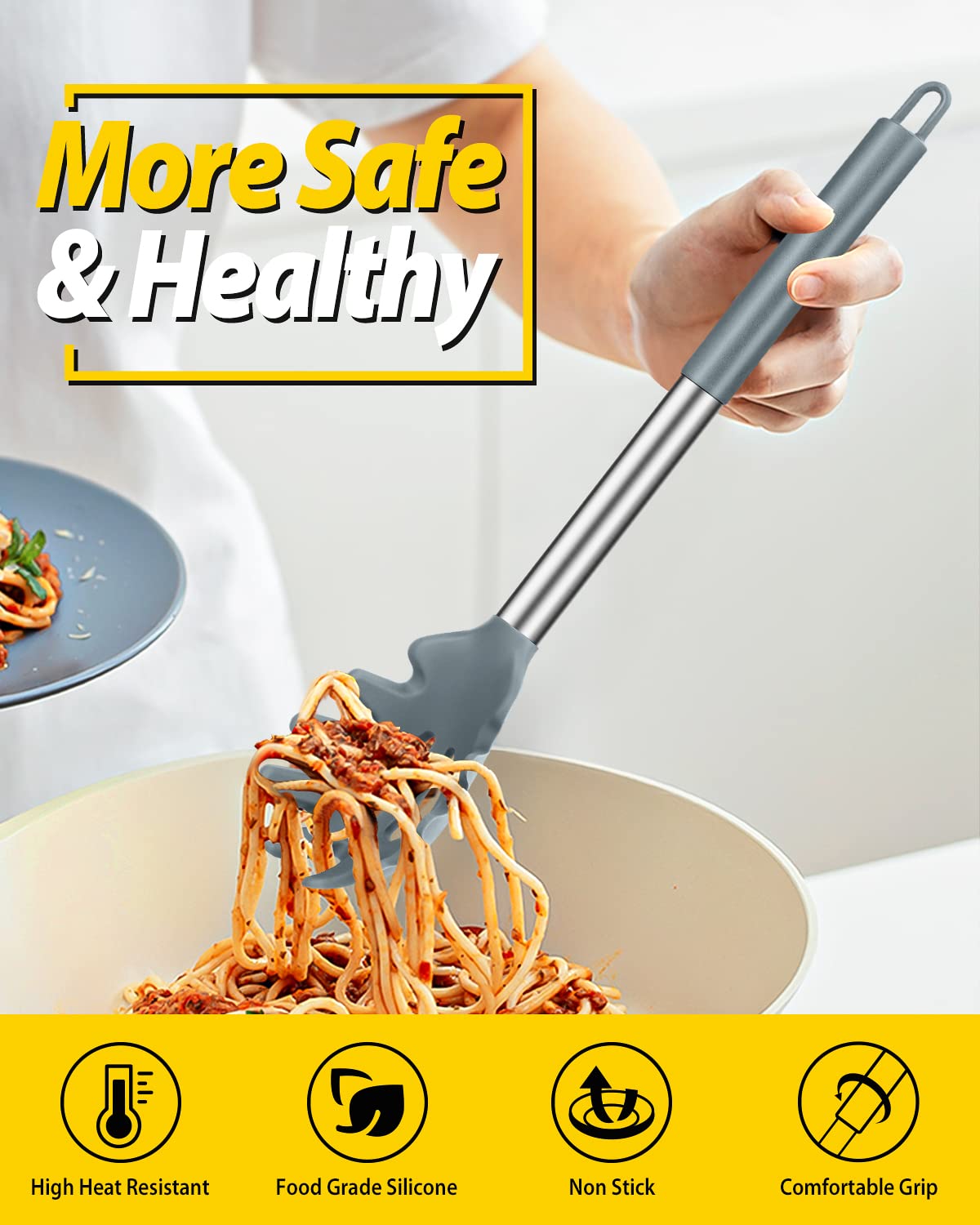 Confezione da 2 forchette per pasta in silicone, resistenti al calore, senza BPA, ottimi strumenti di cottura (grigio-blu)