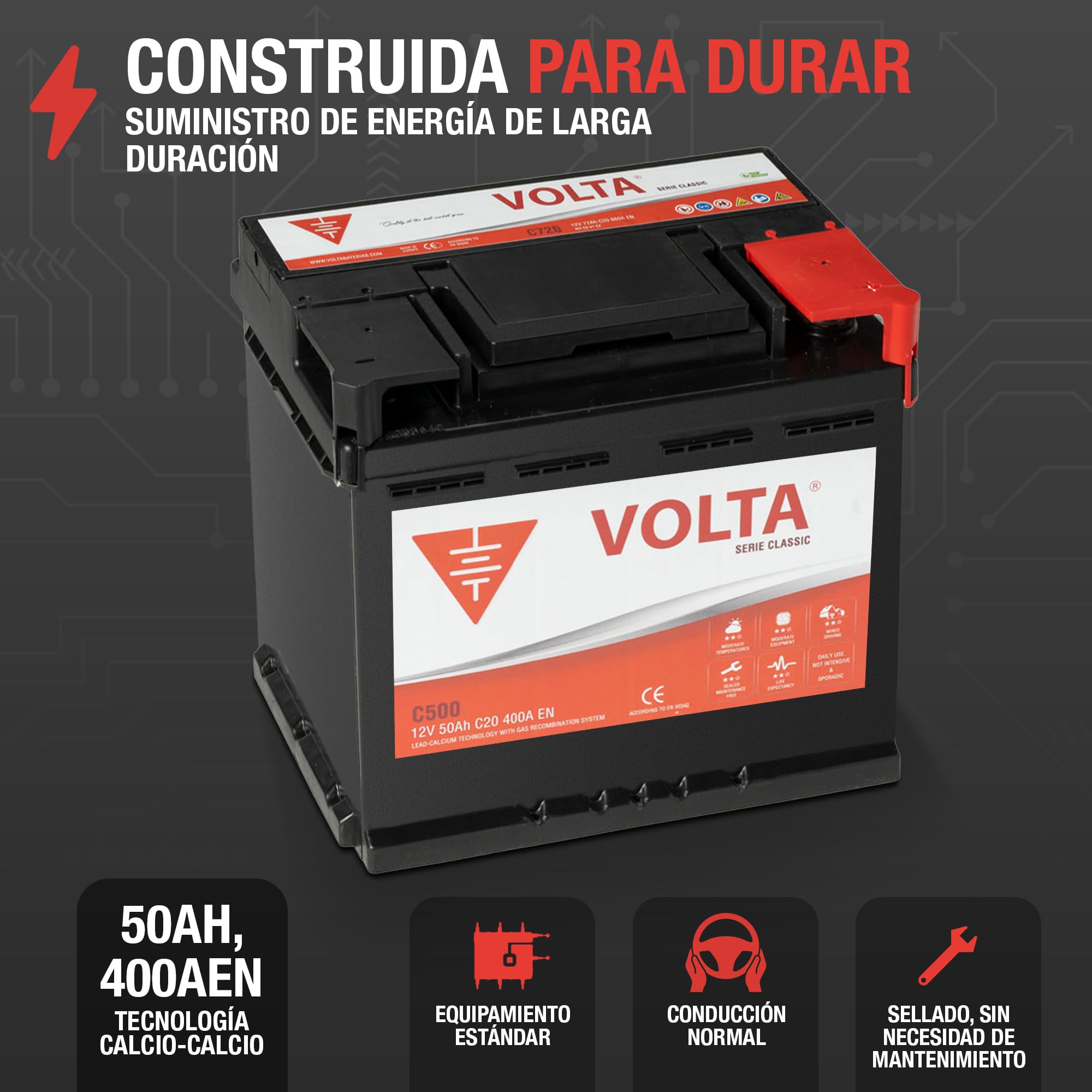 Bateria de Coche 50Ah 400A - Volta Classic C500D - Borne +Dcha - Medidas Largo 207 x Ancho 175 x Alto 190 mm con 2 años de Garantía - Fabricación Europea.