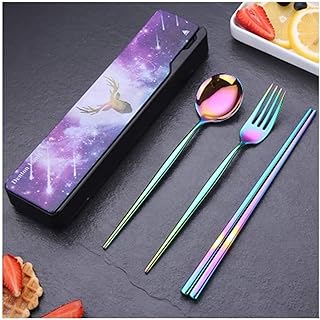 Chopsticks for Beginners, Chopsticks Reusable Gradient Stainless Steel Portable Chopsticks Fork Spoon Set Student Cute Tableware Three-Piece Chopsticks Single Storage Box (A