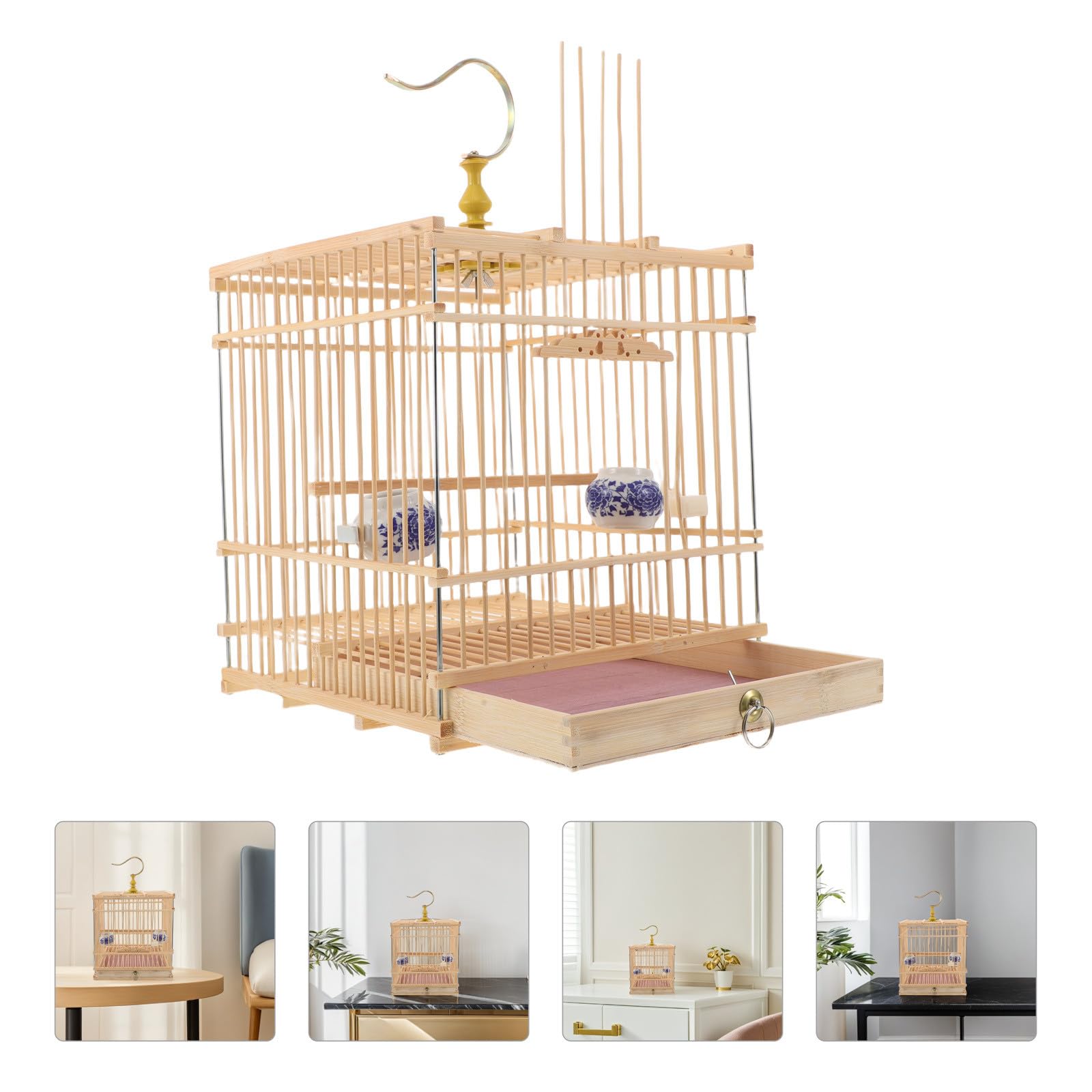 STOBAZA Jaula para Periquitos y Pájaros Pequeños Rectangular con Diseño Vintage Elegante, Cierre Fácil de Usar, Hábitat Natural en Bambú y Metal, Adecuado para Interiores y Balcones