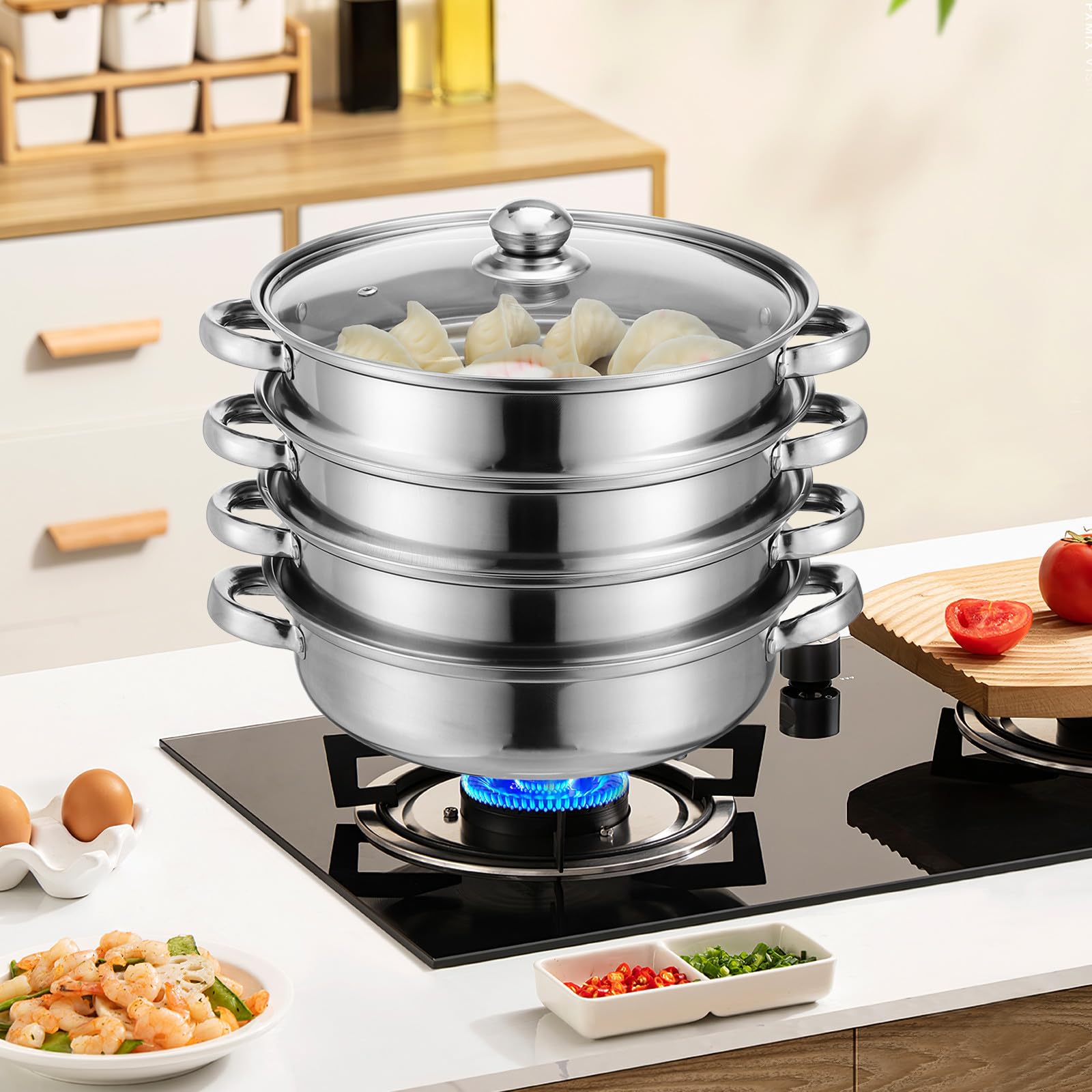 Gadpiparty Olla vaporera de acero inoxidable para sopa, vaporera grande de cuatro capas, fondo grueso, para cocinar verduras, mariscos, guisos y preparación de sopas
