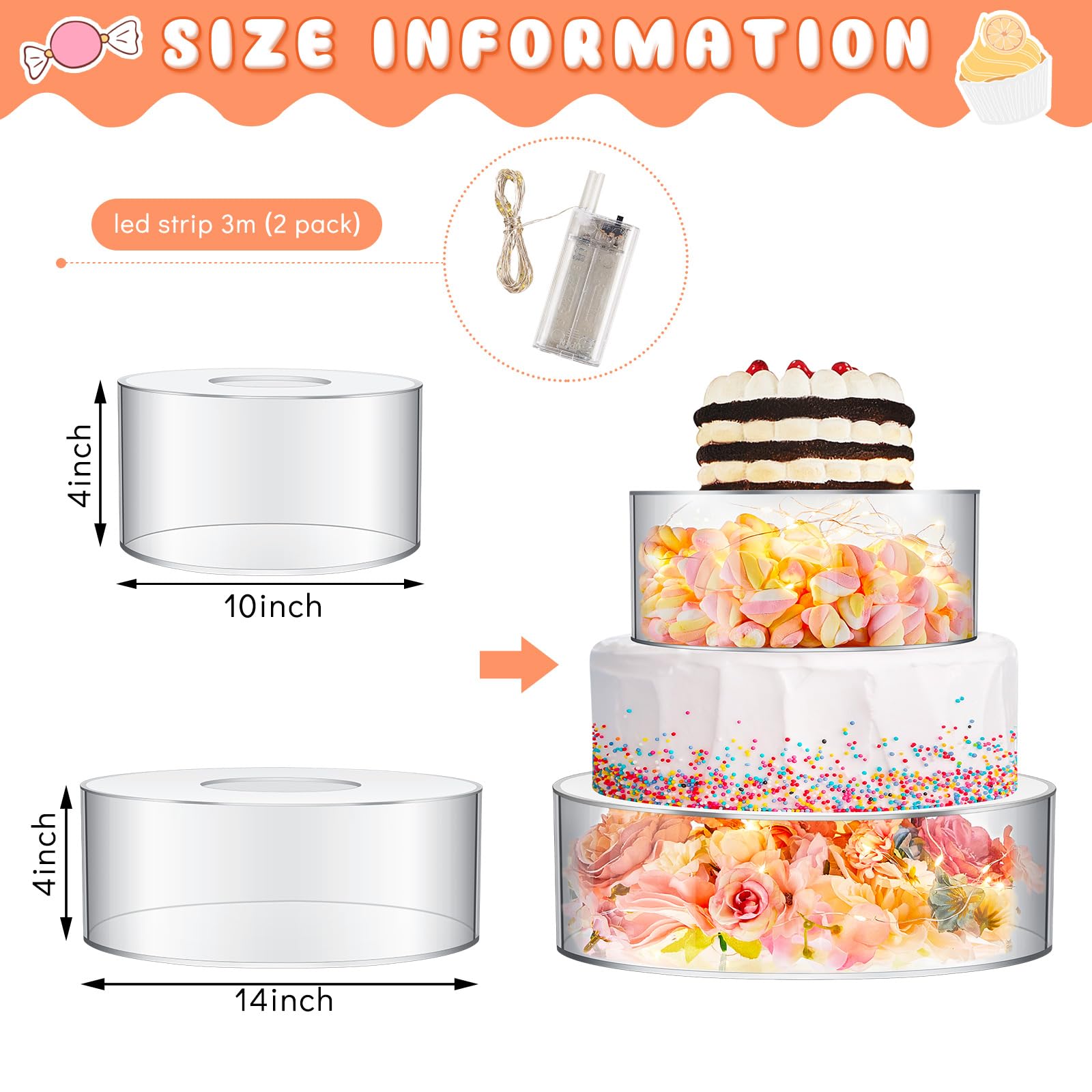 Sunnyray 2 soportes acrílicos para mesa de postre, con cuerdas LED para cumpleaños, bodas, vacaciones, fiestas (10 pulgadas, 14 pulgadas)