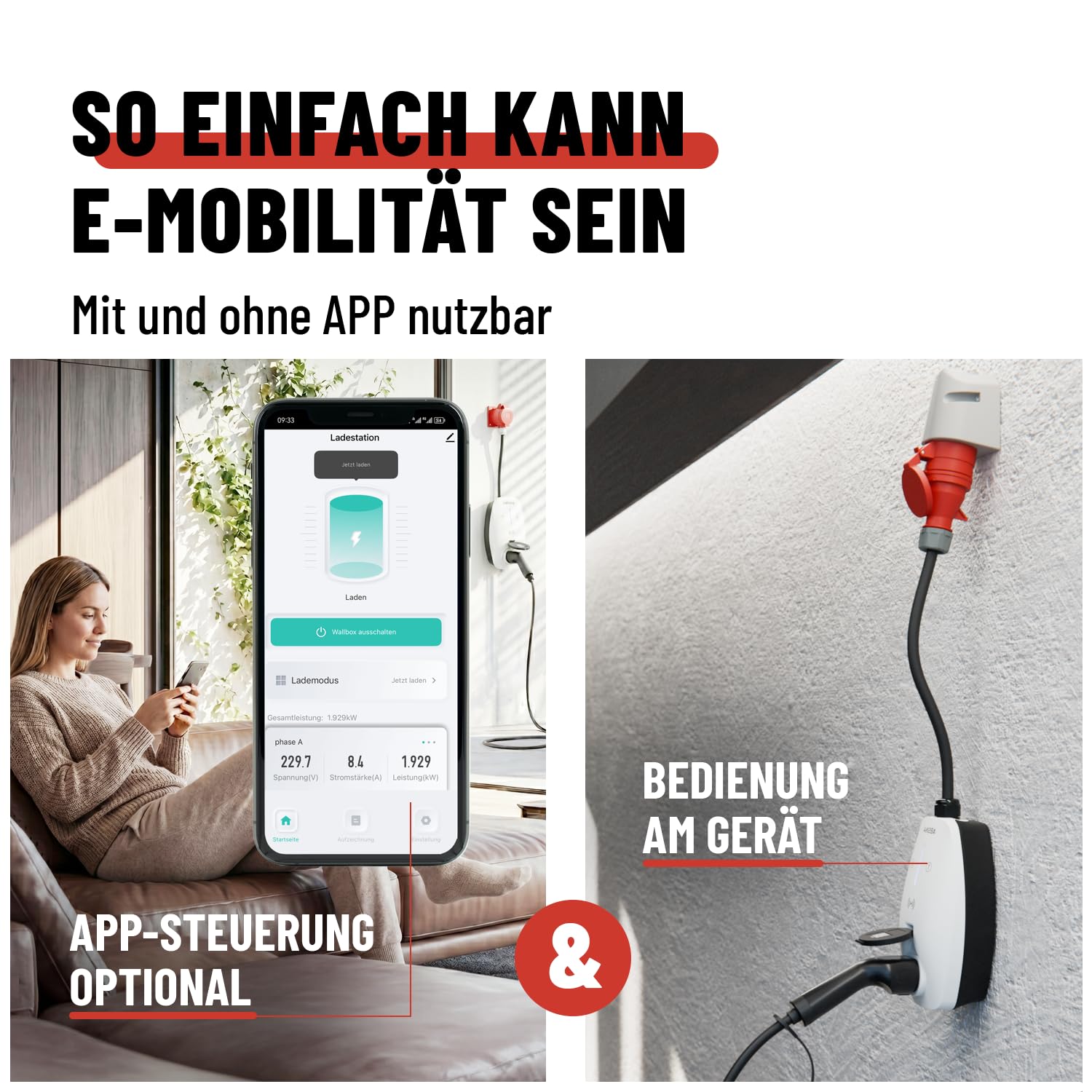 ABSINA Mobile Wallbox 11kW mit App Steuerung & Einstellbarer Ladeleistung | CEE Starkstrom mobile Ladestation 11kW 3-phasig - E Auto Ladegerät für i3, e-Up, ID.3, ID.4, Zoe, fortwo und vieles mehr