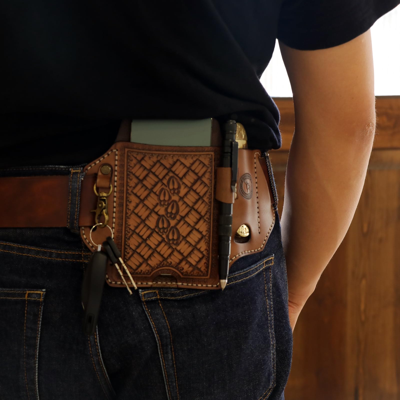 TOURBON Handyholster aus echtem Leder für Gürtel, EDC Taschenmesser, Etui, Multitool-Tasche, Smartphone-Hülle mit Schlüsselhalter