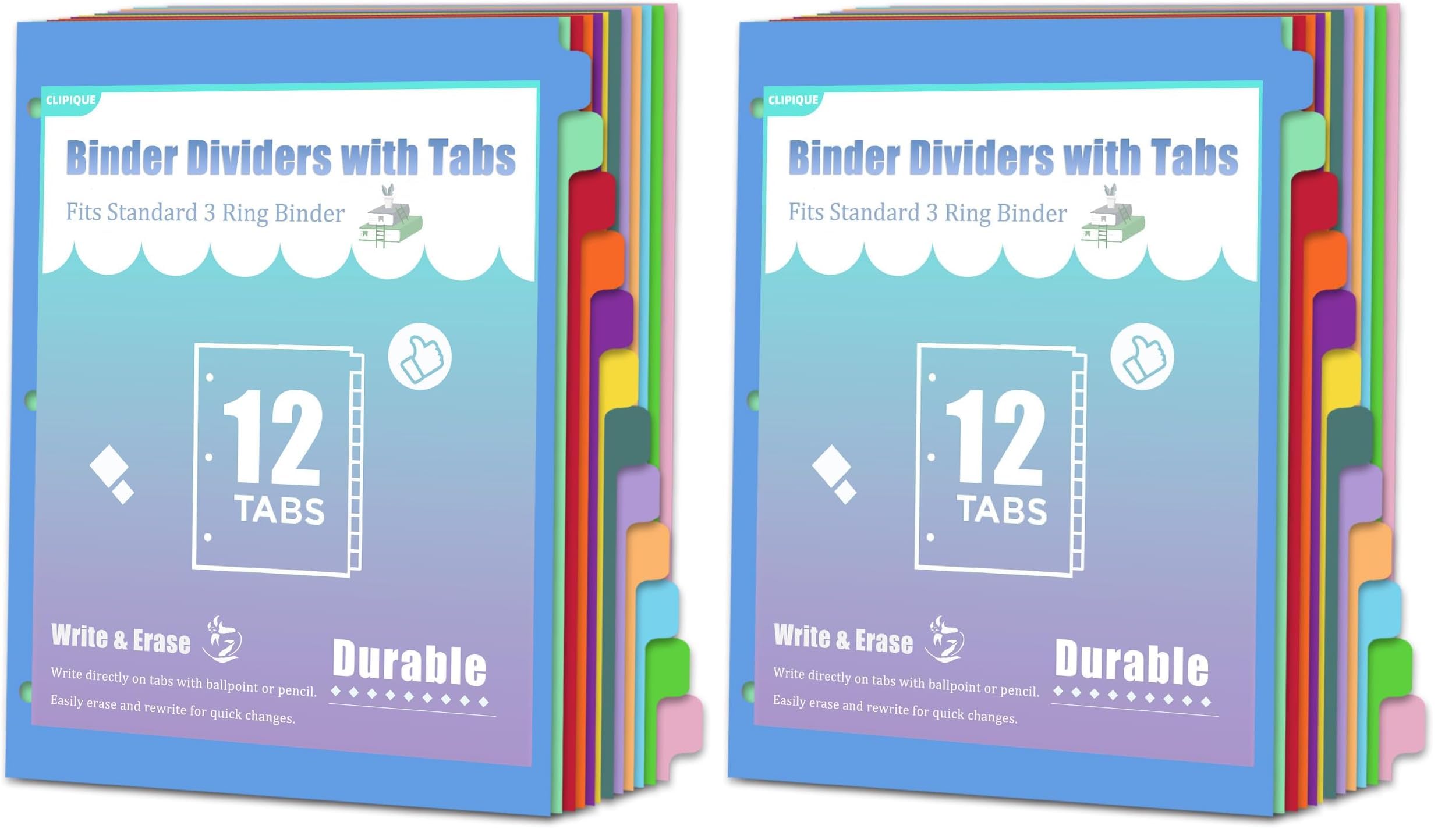 12-Tab Binder Dividers with Tabs for 3 Ring Binder, Write &amp; Erase, Monthly Dividers for 8.5 x 11'' Letter Size Papers, Assorted Color, 1 Set (Pack of 2)